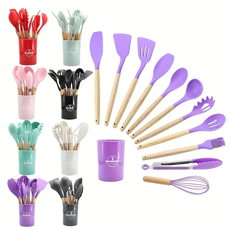 Silicone Cooking Utensils Set Non-Stick Spatula Shovel Wooden Handle  Cooking Tools Set With Storage Box Kitchen Tool Accessories