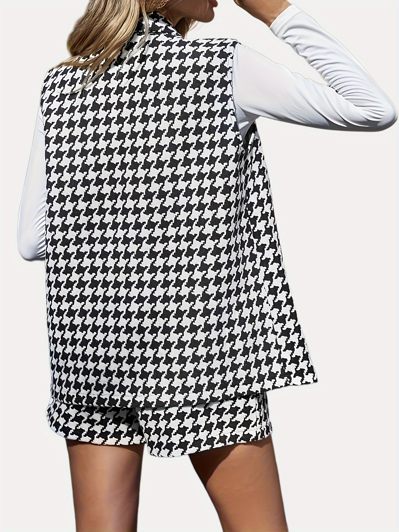 Women Houndstooth Print Two Piece Set Elegant Lapel Long Coat+High