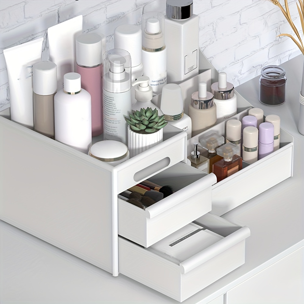  mDesign Organizador de cajones de plástico expandible,  contenedor de almacenamiento para cosméticos, maquillaje y accesorios en  tocador de baño, encimera o gabinete, colección Lumiere, paquete de 2, gris  claro : Hogar