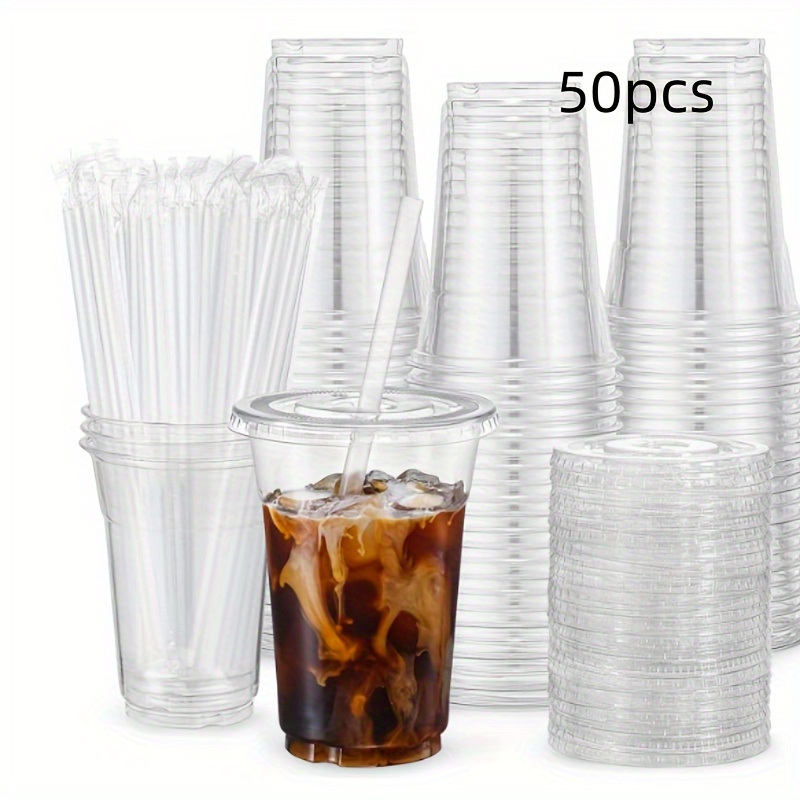 Fit Meal Prep [50 Pack 32 oz Clear Plastic Cups with Strawless Sip Lids,  Disposable Plastic Coffee Cups with Lids, To Go Cups for Iced Coffee