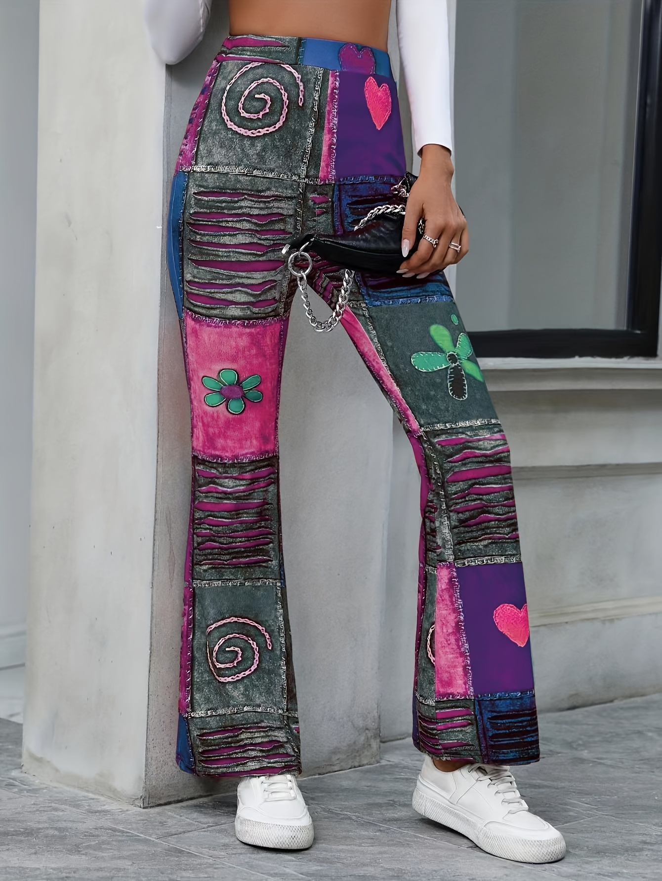 Graphic Print Flare Leg Pants, Y2k Forbidden Pants For Spring & Summer,  Women's Clothing - Temu Finland