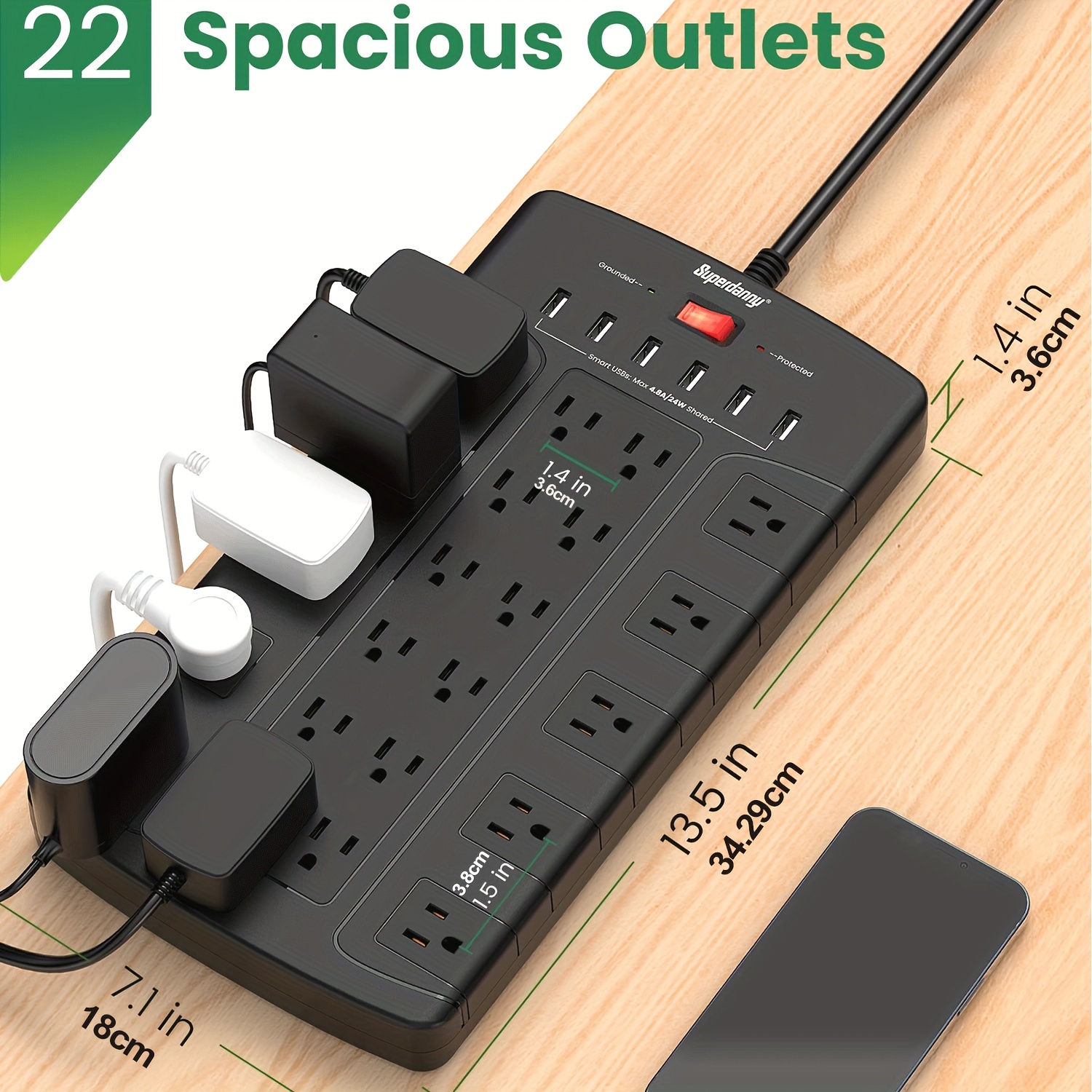  Tira de toma de corriente de montaje en pared, regleta de  alimentación de 4 salidas con interruptor, regleta de alimentación debajo  del escritorio que se conecta con cable de 6 pies