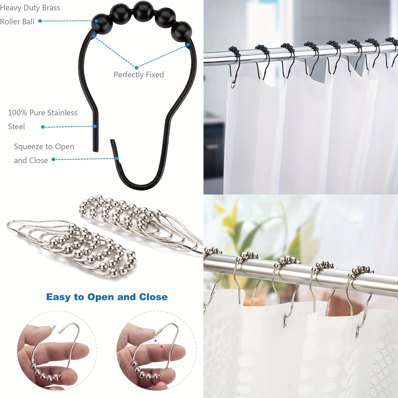 Plastic & Metal Shower Rings for Curtain Bathroom Shower (50pcs)