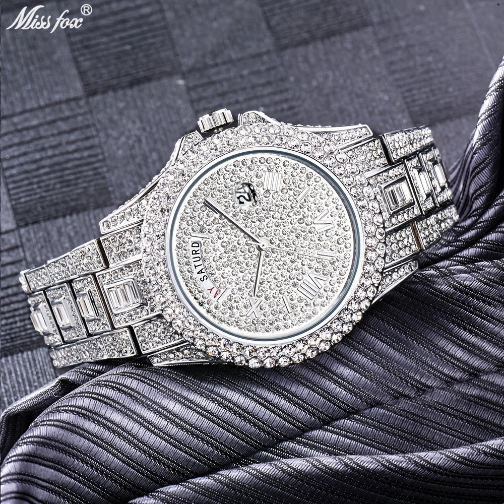Iced Golden Calendar - Zircon Accessories Temu Mens 1pc Watch Silver & Watch Wrist Jewelry - Double Waterproof Luxury Mens Quartz