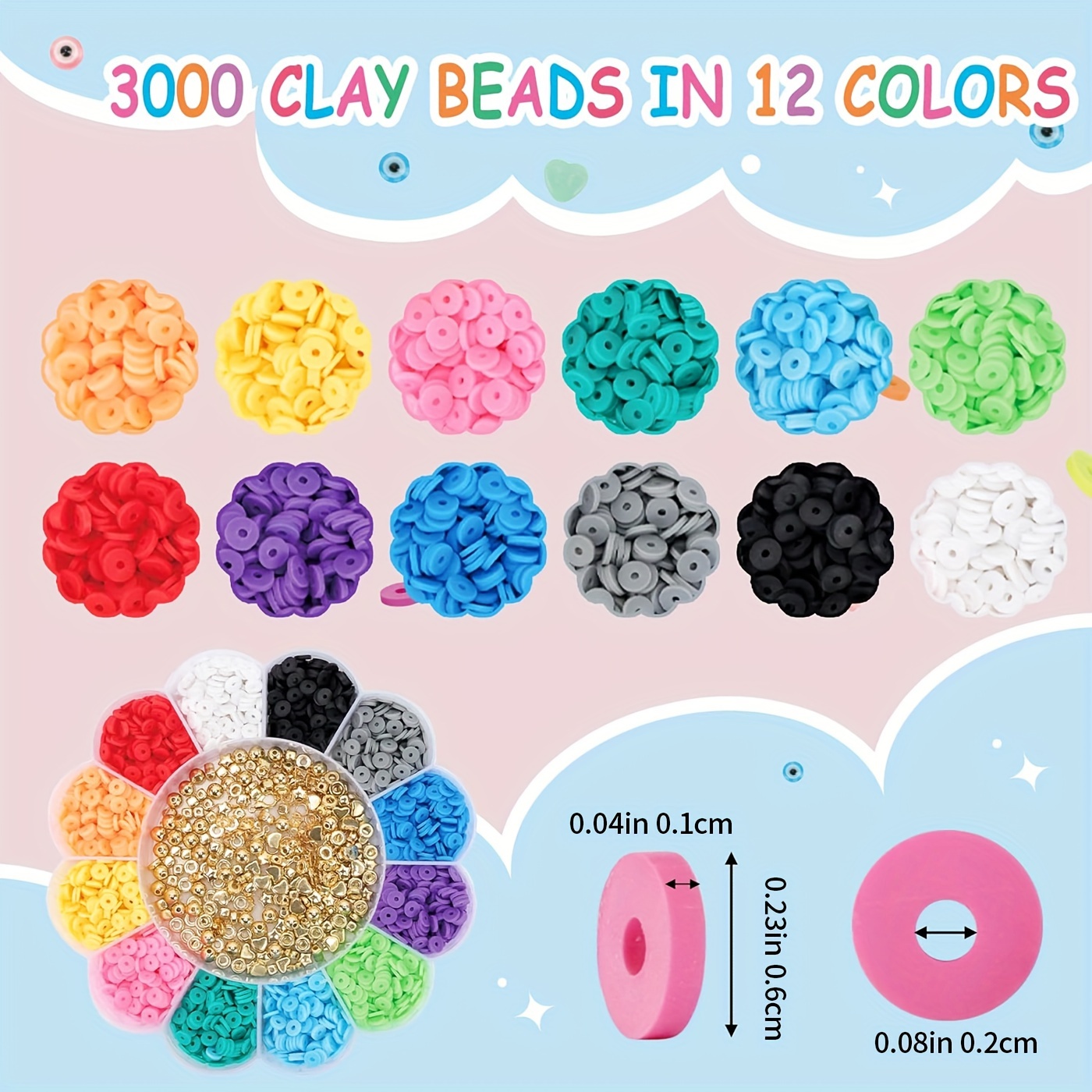 3000 Clay Beads For Bracelet Making, Polymer Clay Flat Round Bead