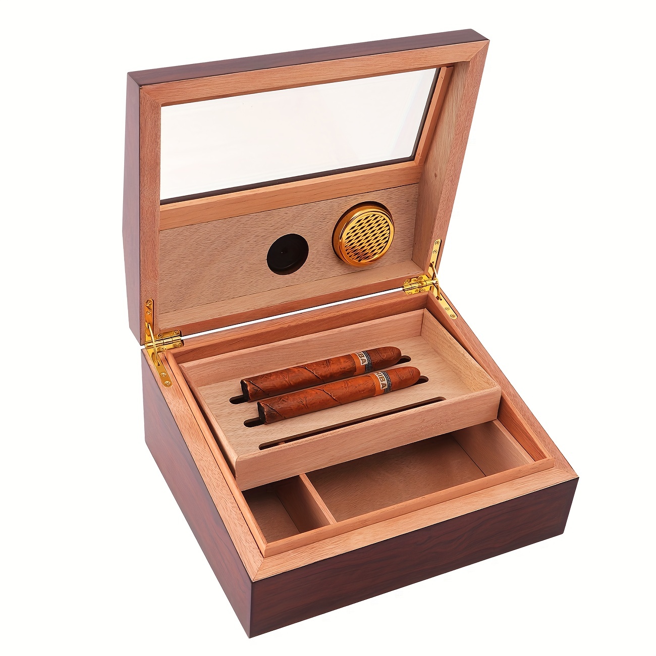 Humidor de cigarros para 30-50 puros con humidificador e higrómetro, caja  de almacenamiento de madera de cedro de escritorio con divisor y tapa de