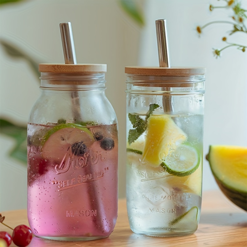 Tarro cocktail de cristal con tapa de bambú y pajita acero