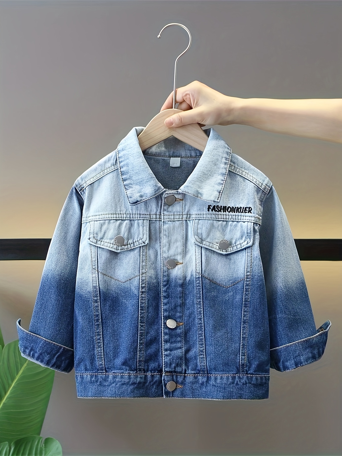 Kid's Color Gradient Denim Jacket, Letter Embroidered, Button Front Long  Sleeve Coat, Boy's Clothes For Spring Fall Outdoor - Temu