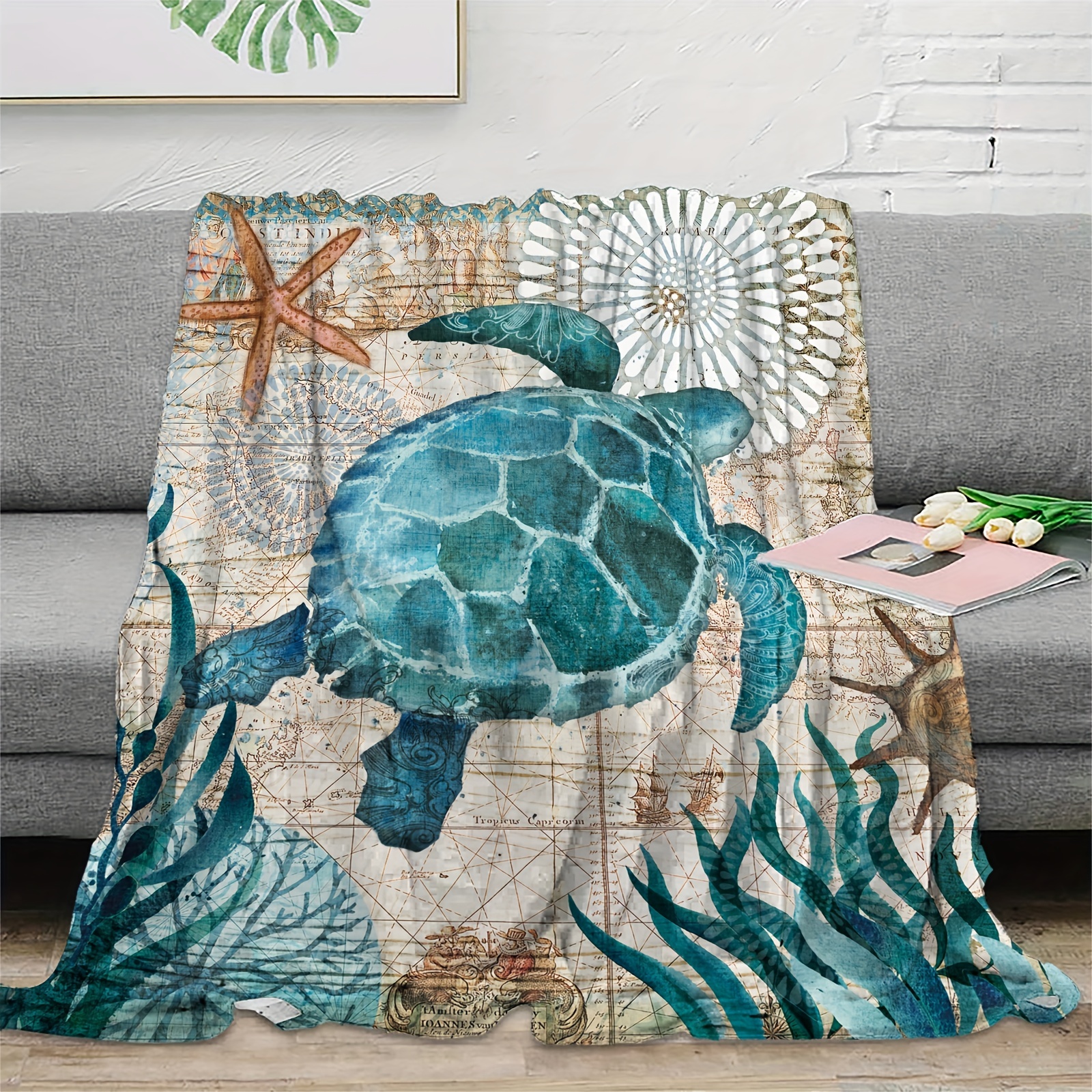 Turtle Printed Flannel Blanket, Soft And Comfortable Blanket, Warm