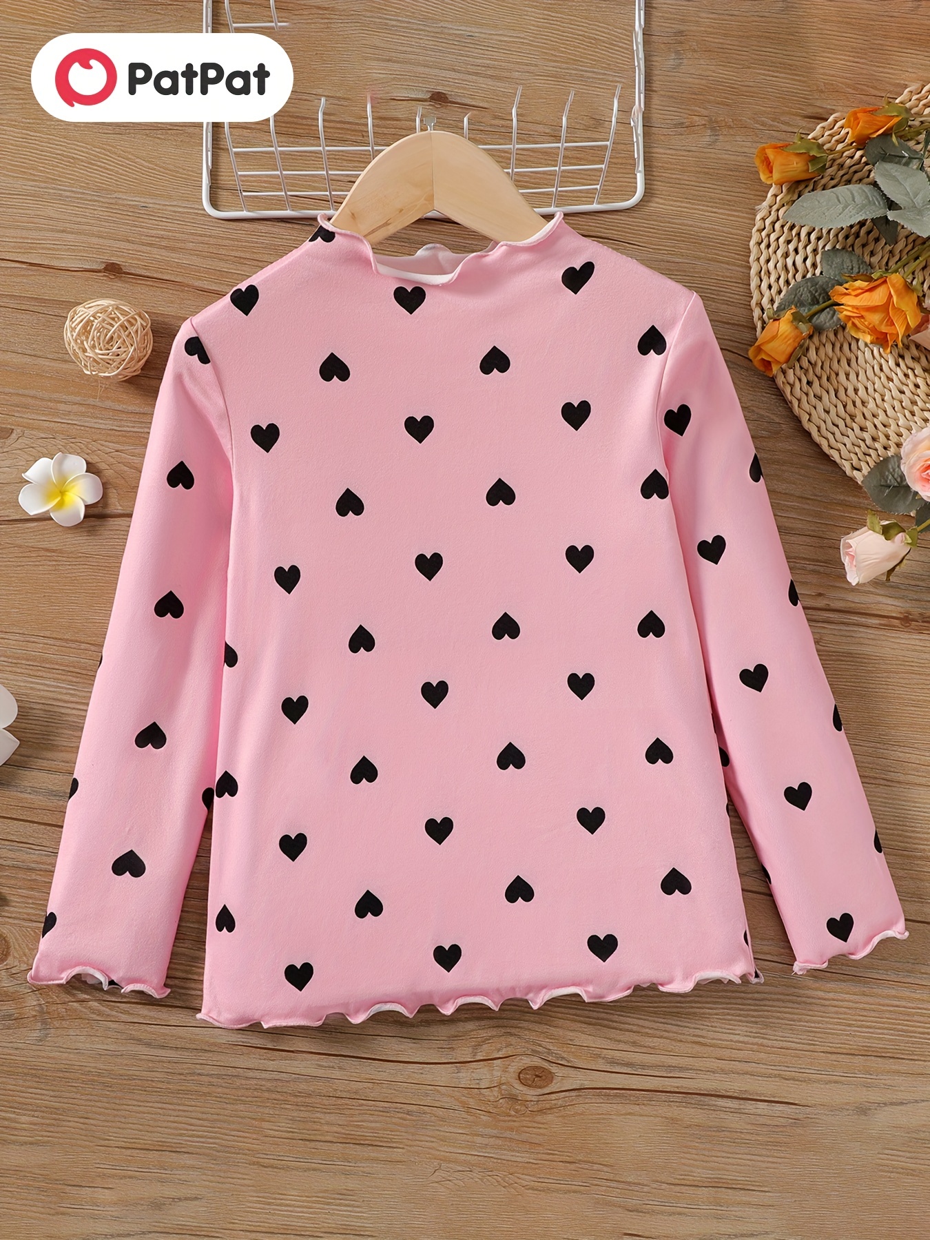 Girls Heart Print Long Sleeve Top With Wavy Edge Design - Temu Canada