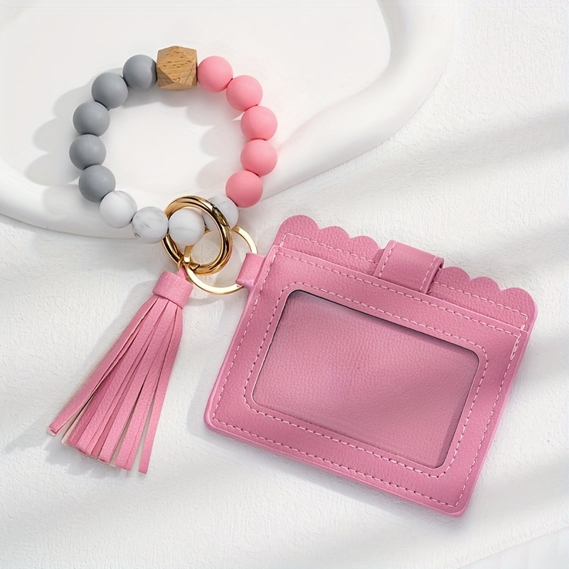 1pc Acrylic Beads Wristlet Keychain with Woolen Tassel Bag Purse Accessories for Women,Temu