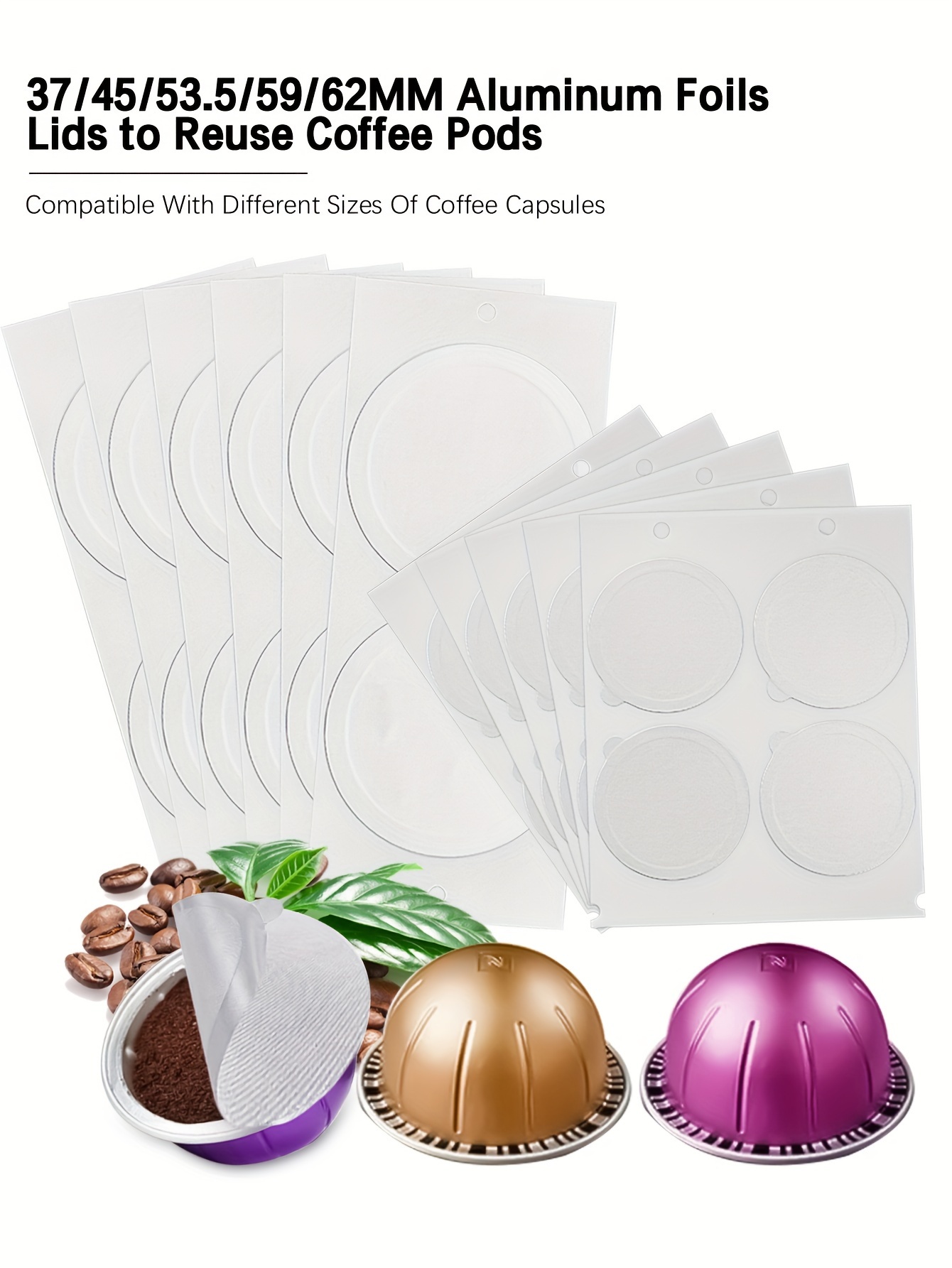 1 pack 3 7 4 5 5 35 5 9 6 2cm aluminum foils lids to reuse coffee pods compatible with different sizes of coffee capsules details 0