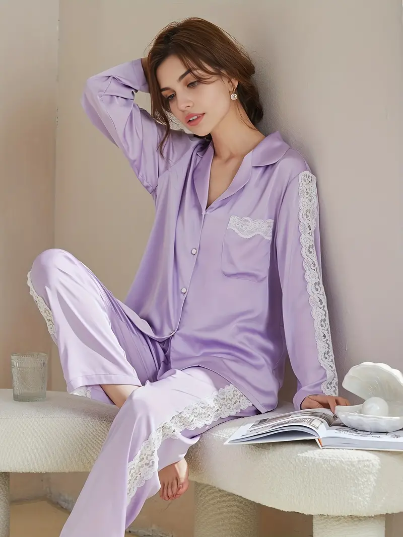 Elegant Contrast Lace Pajama Set Button Long Sleeve Lapel - Temu