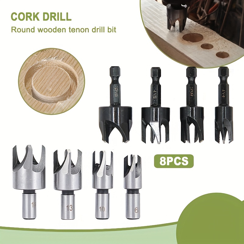 Wood Plug Cutter Set, 6mm + 10mm + 13mm + 16mm / 1/4 3/8 1/2 5/8  Straight and Tapered Drill Bit Cutting Tool for Woodworking 