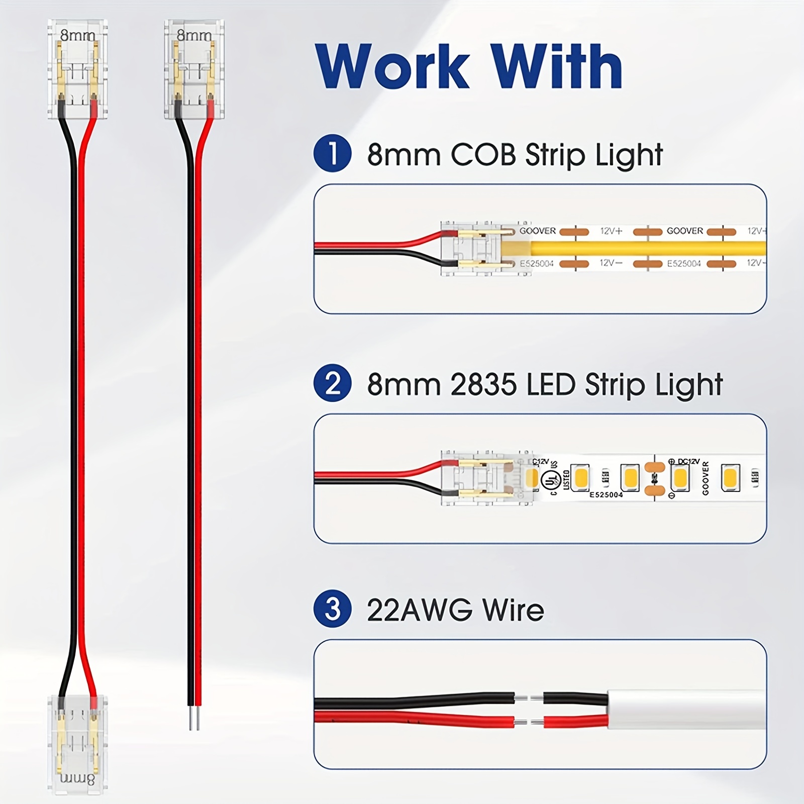  ocona 12 conectores LED para tira de luces COB RGB, kit de  conector de tira LED COB de 4 pines de 0.394 in con empalme sin costura  medio, cable de puente