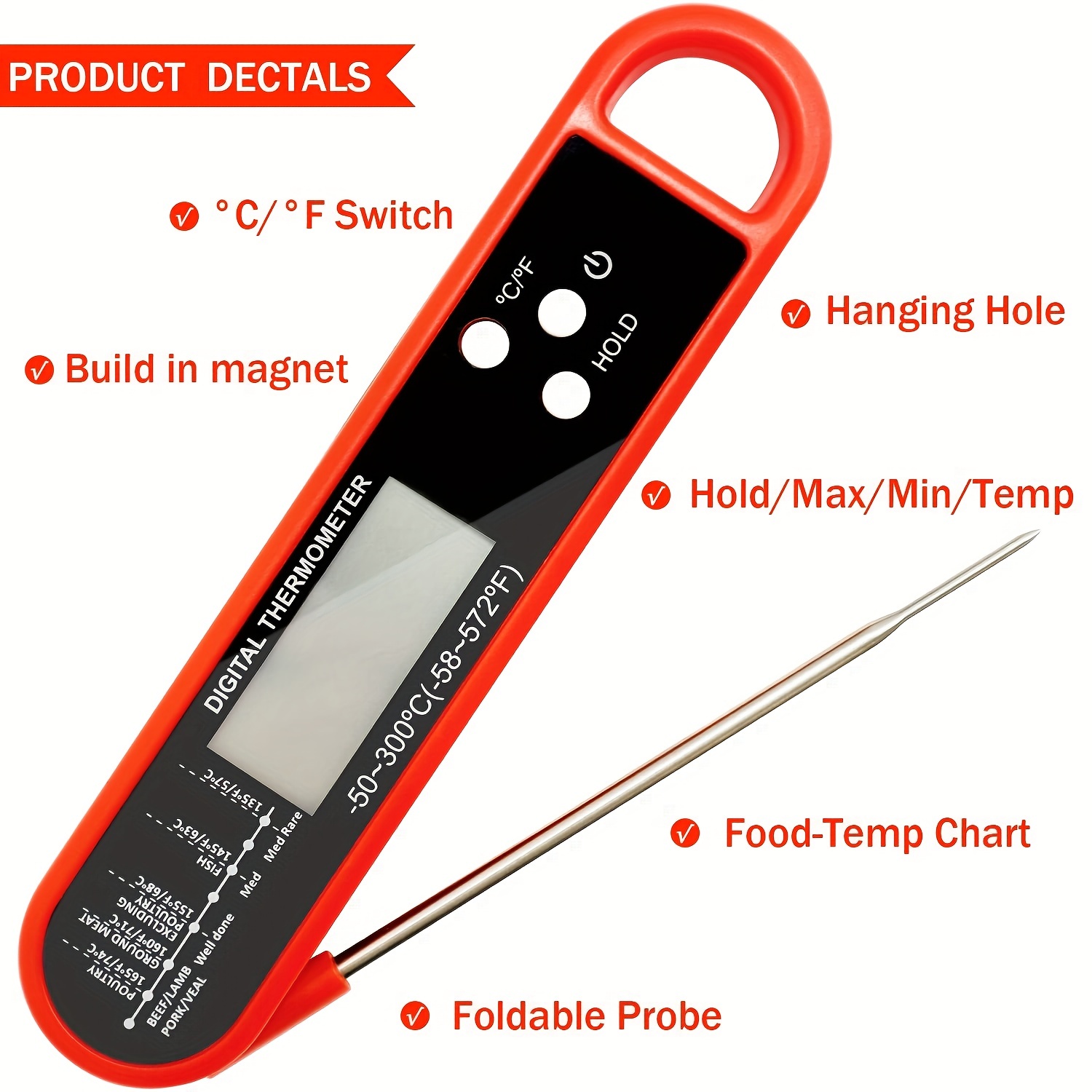 Meat Thermometers, Digital Meat Thermometer, Fast & Precise Food Thermometer  With Magnet, Foldable Probe For Grill & Cooking, Kitchen Thermometers For  Kitchen Outdoor Camping, Kitchen Accessories, Kitchen Stuff, Clearance -  Temu