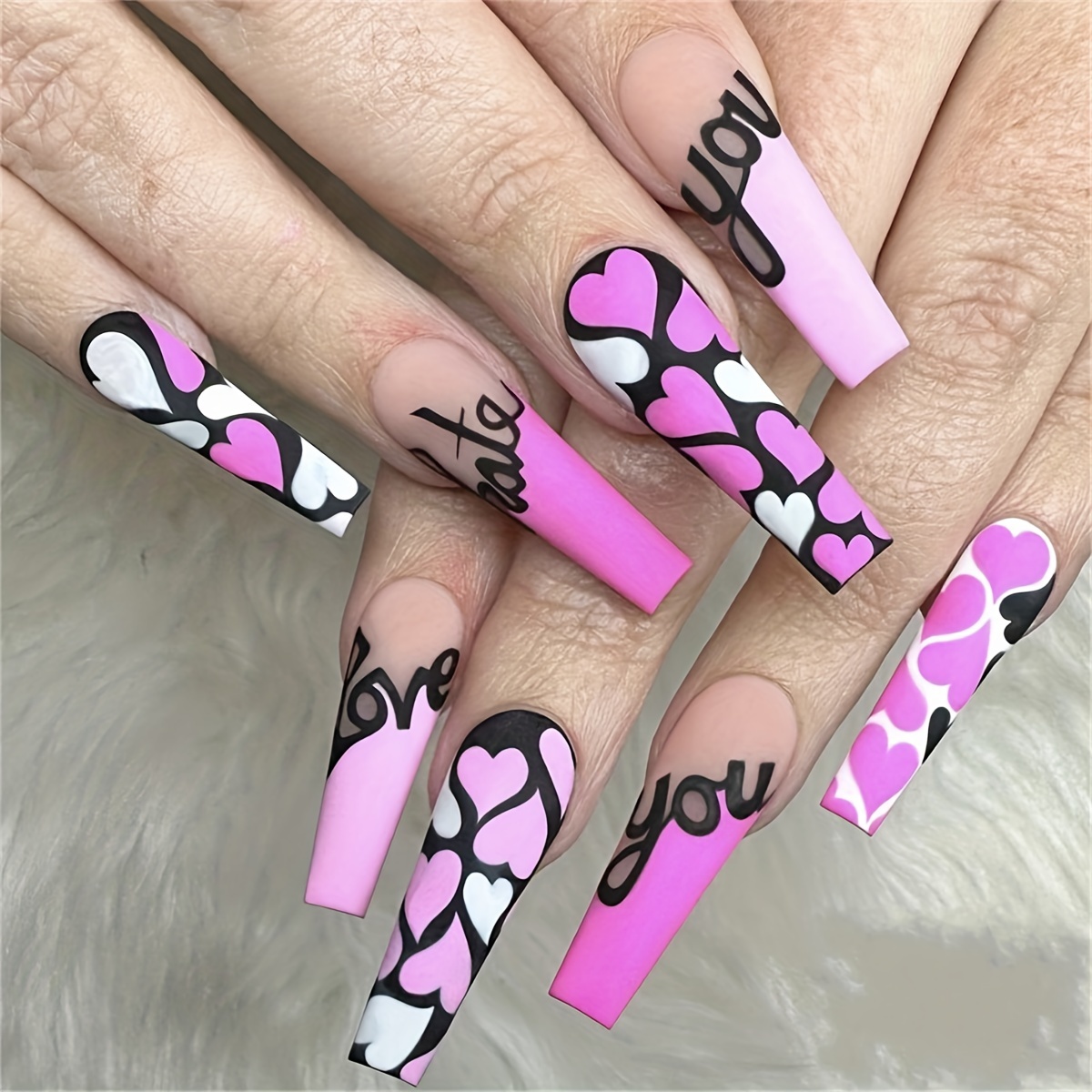 Extra Long Coffin Fake Nails Glossy Black French Tip - Temu