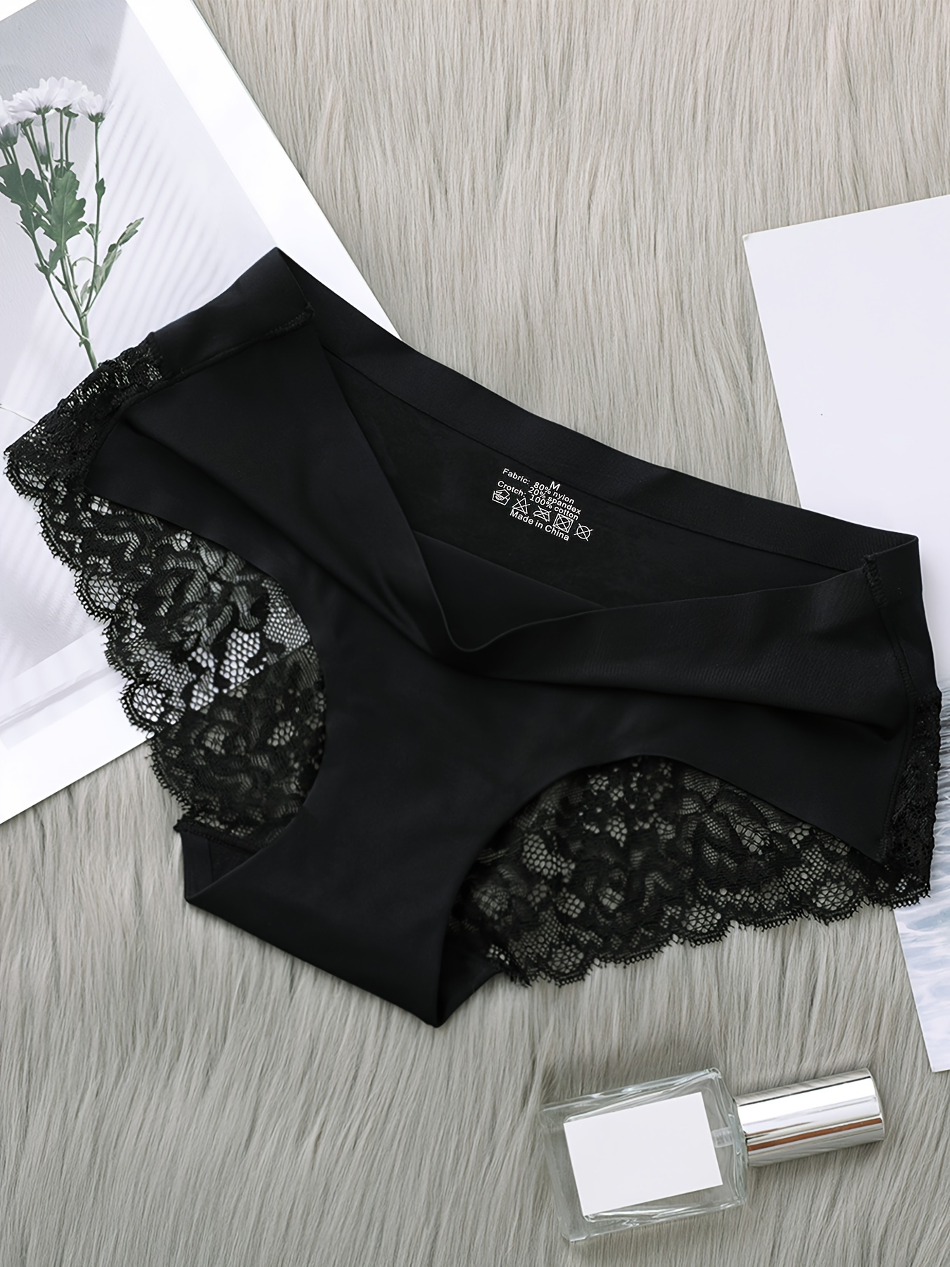 Solid Contrast Lace Briefs Comfy Breathable Stretchy - Temu