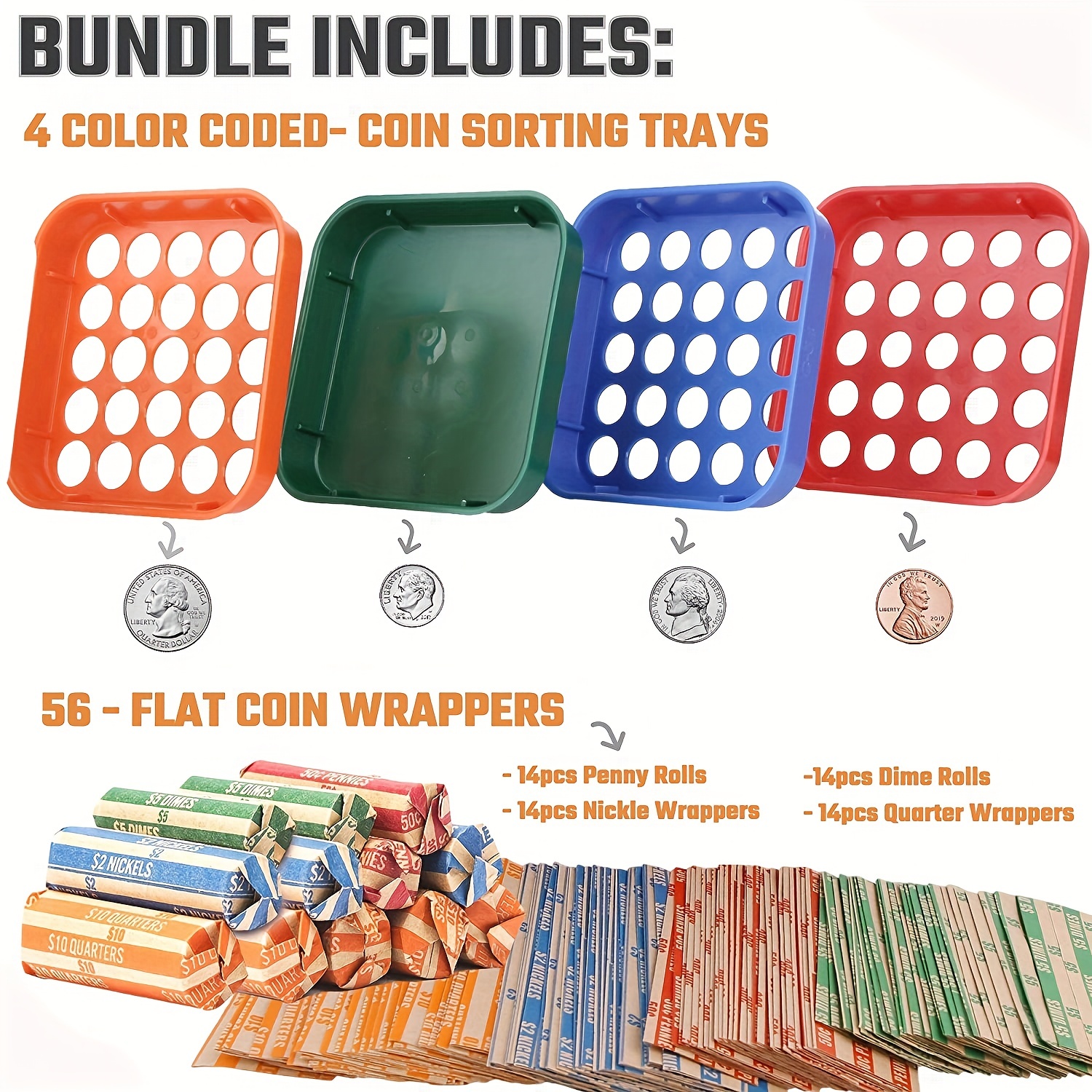 Coin Counters & Coin Sorters Tubes Bundle of 4 Color-Coded Coin Tubes and 100 Assorted Coin Wrappers