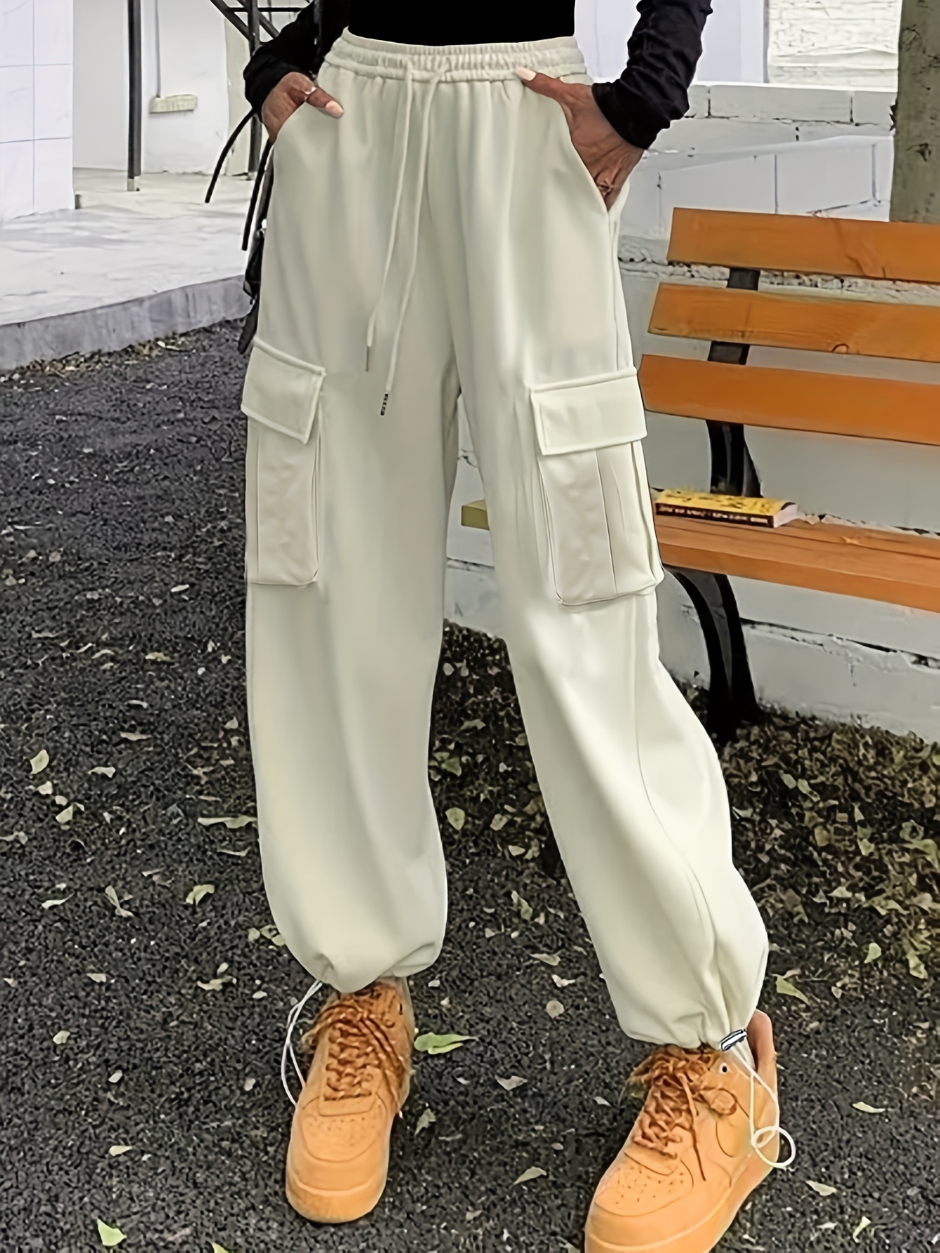 Solid Wide Leg Cargo Pants, Casual Flap Pocket Elastic Waist Baggy Pants,  Women's Clothing