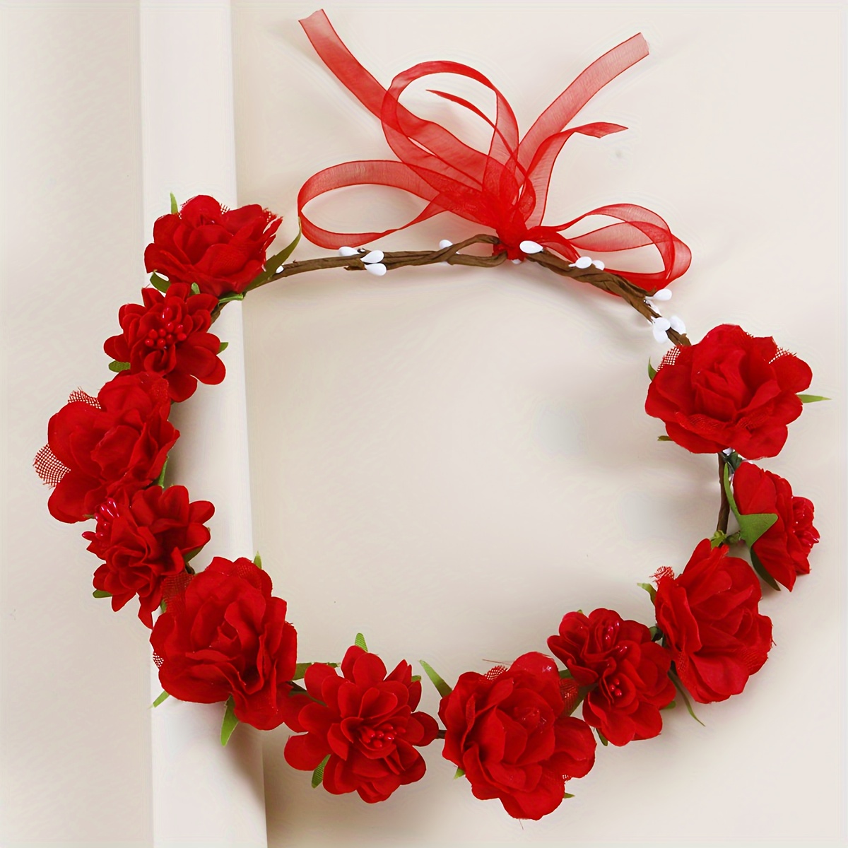 TEMU 1pc Romantic Artificial Flower Headwear Artificial Red Rose Garland Headdress