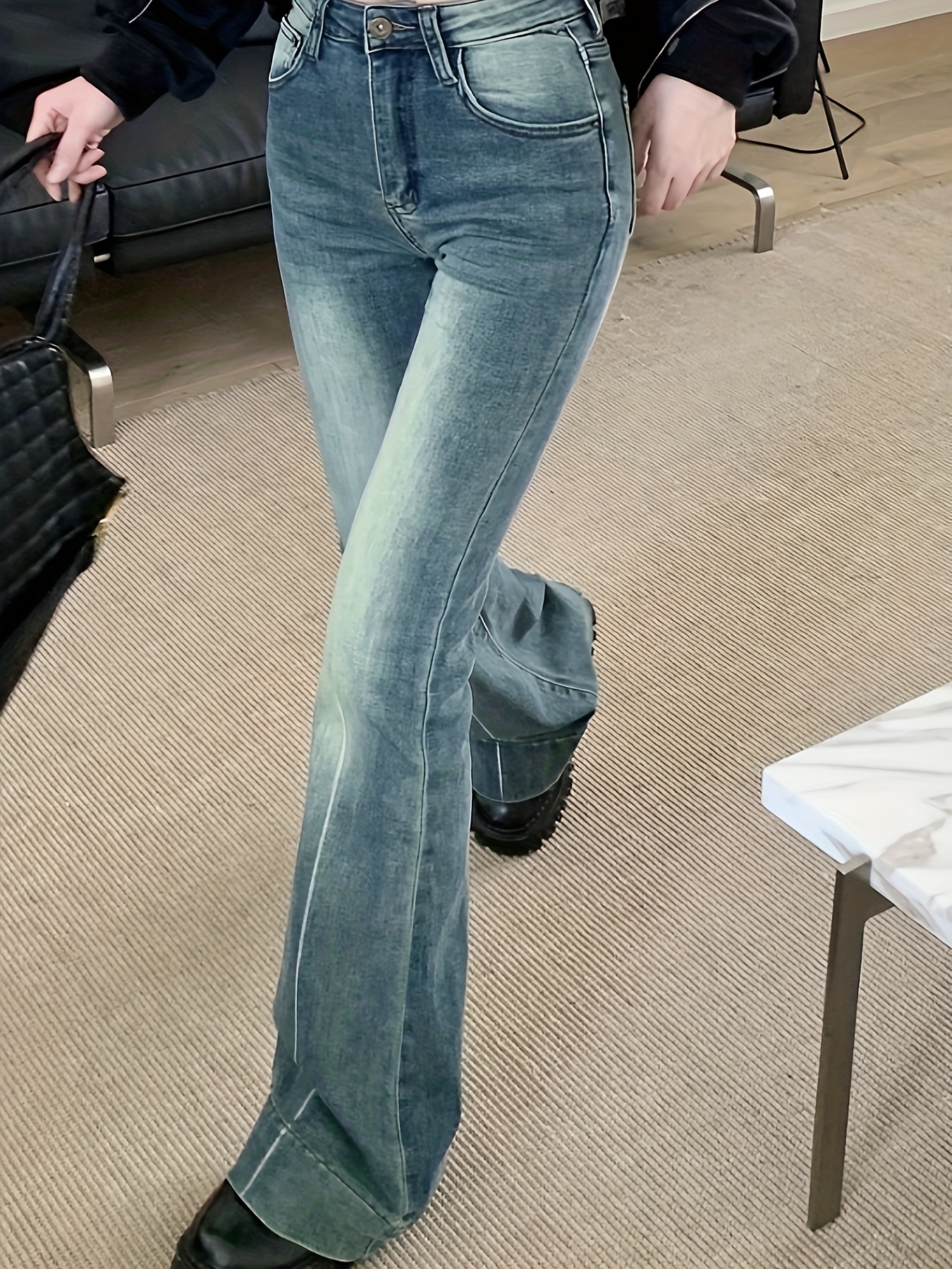 Plain Washed Retro Flare Jeans Slim Fit High Stretch Slant - Temu Austria