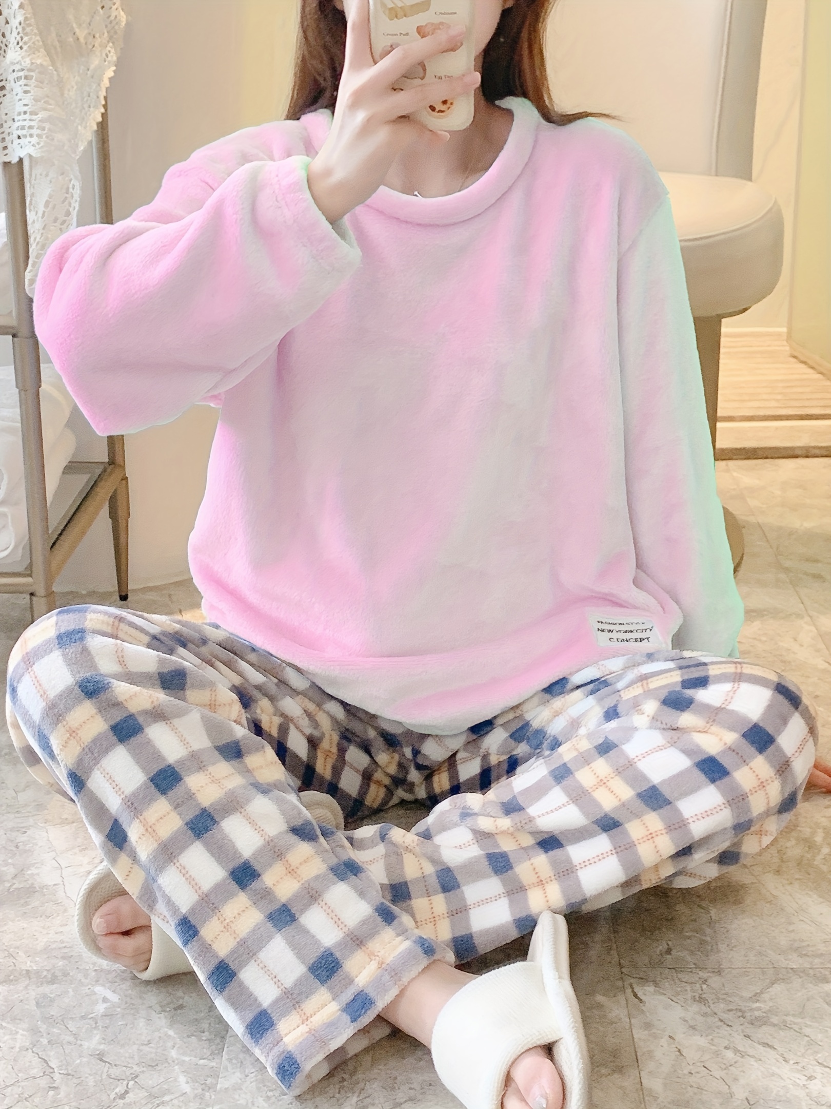 Heart Print Fuzzy Pajama Set For Music Festival, Long Sleeve Crew Neck Top  & Elastic Waistband Pants, Women's Sleepwear & Loungewear