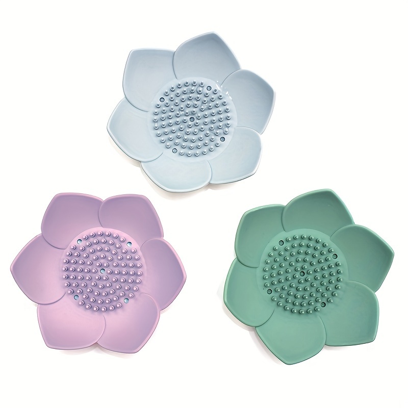 1pc Blue Lotus-shaped Silicone Soap Dish With Drainage Hole