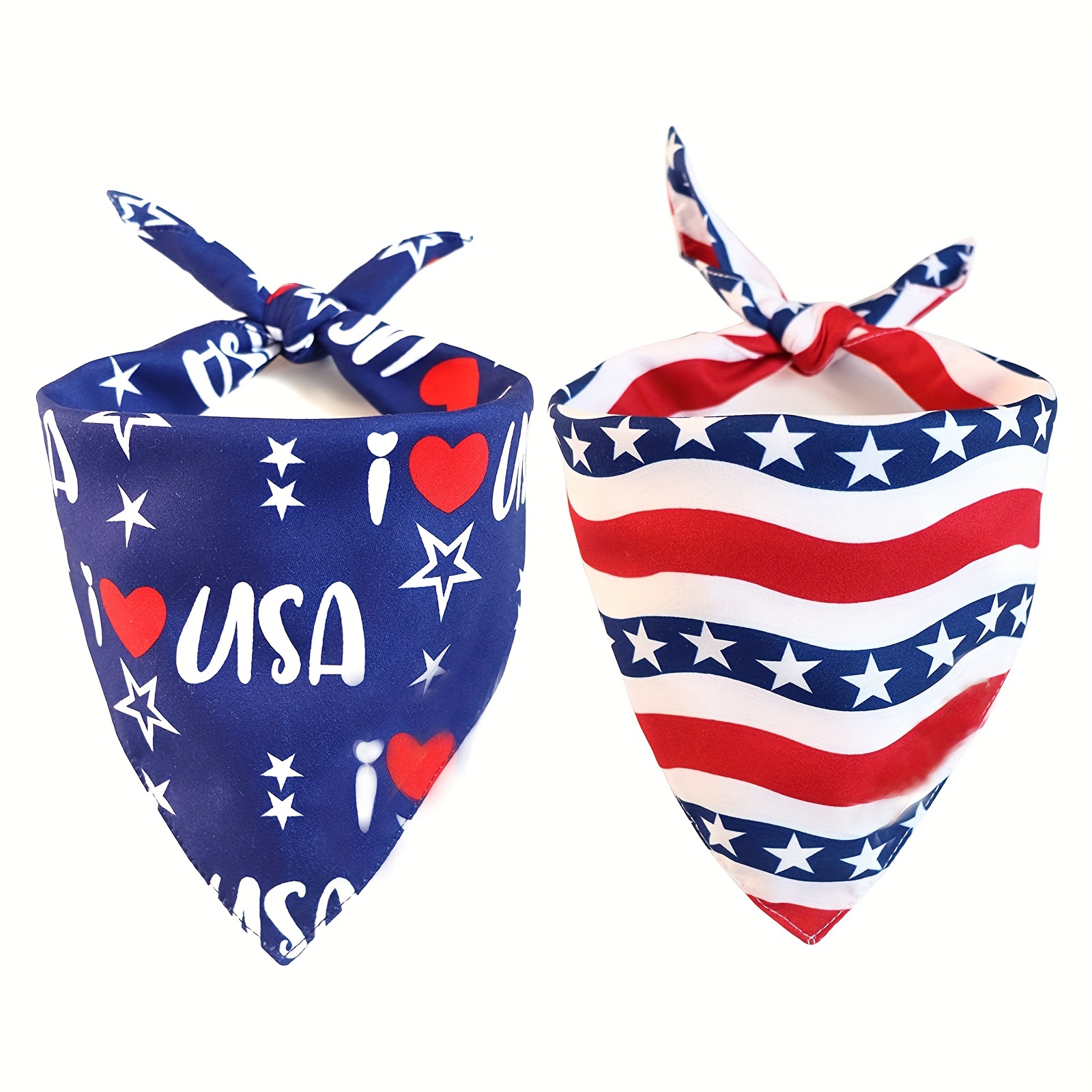 

2pcs Reversible Patriotic Dog Bandana - American Flag Triangle Scarf For 4th Of July Celebrations