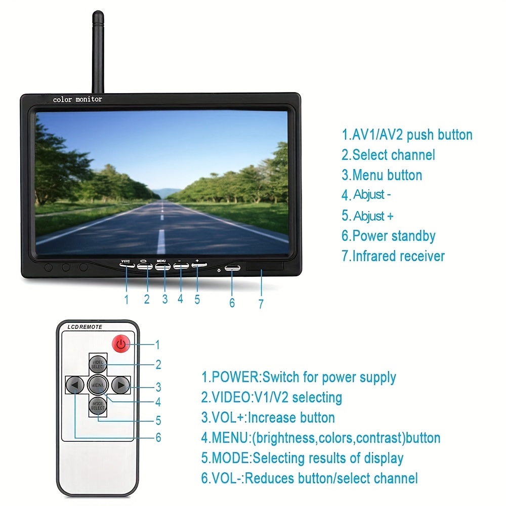 Monitor De Visión Trasera Inalámbrico HD TFT LCD De 7 Pulgadas