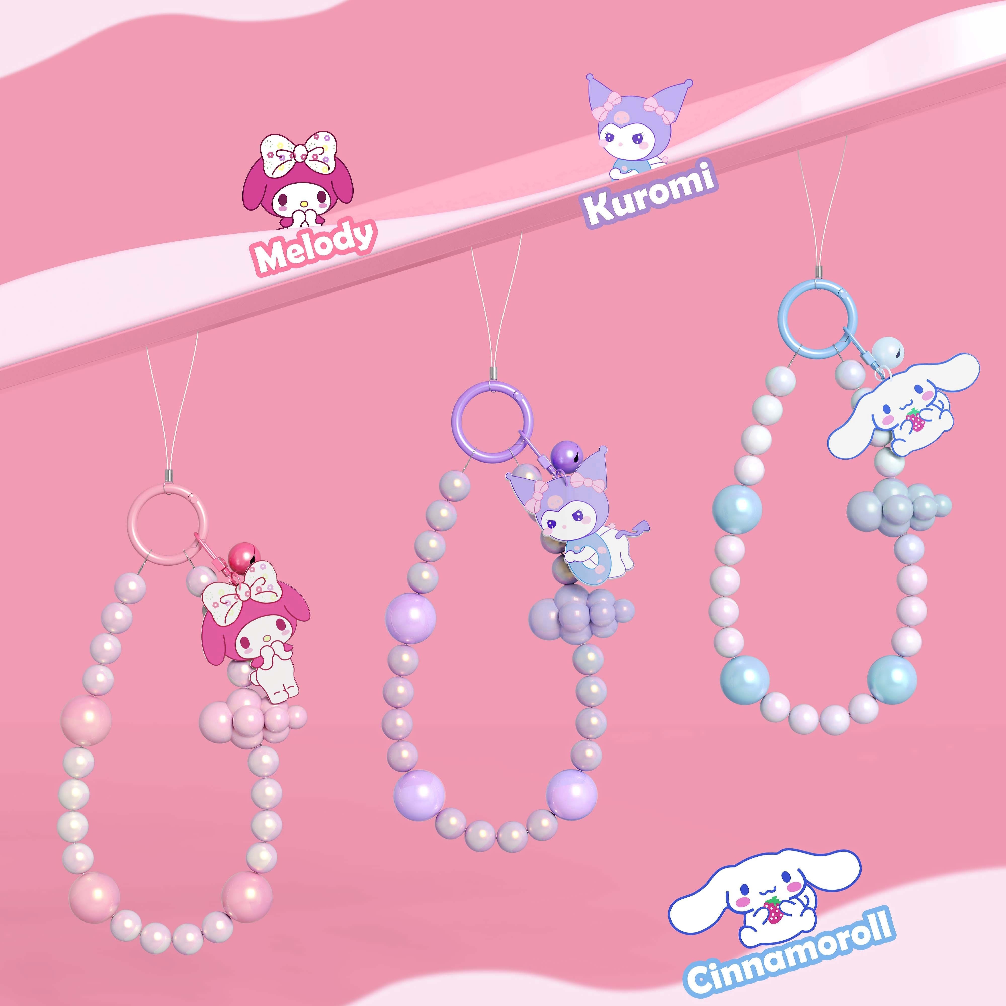 Melody Kuromi Cinnamoroll Beaded Cute Phone Lanyard Wrist Strap Kawaii Purple Blue 3 Optional Phone Chain Decoration Acrylic Figure and Bell Bead