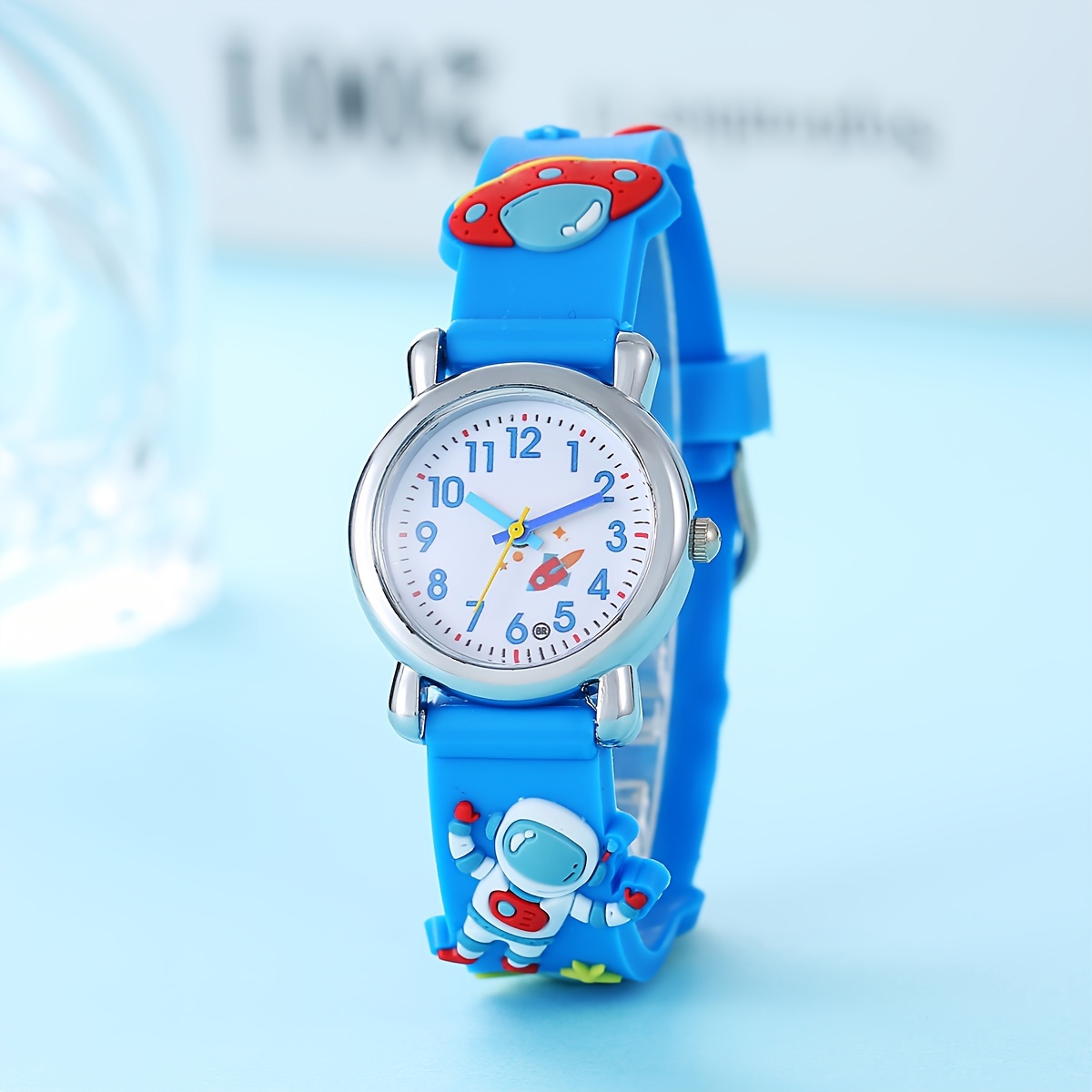 Youngsters' Cute Astronaut & UFO Quartz Watch - Silicone Band, Non-Waterproof, Blue