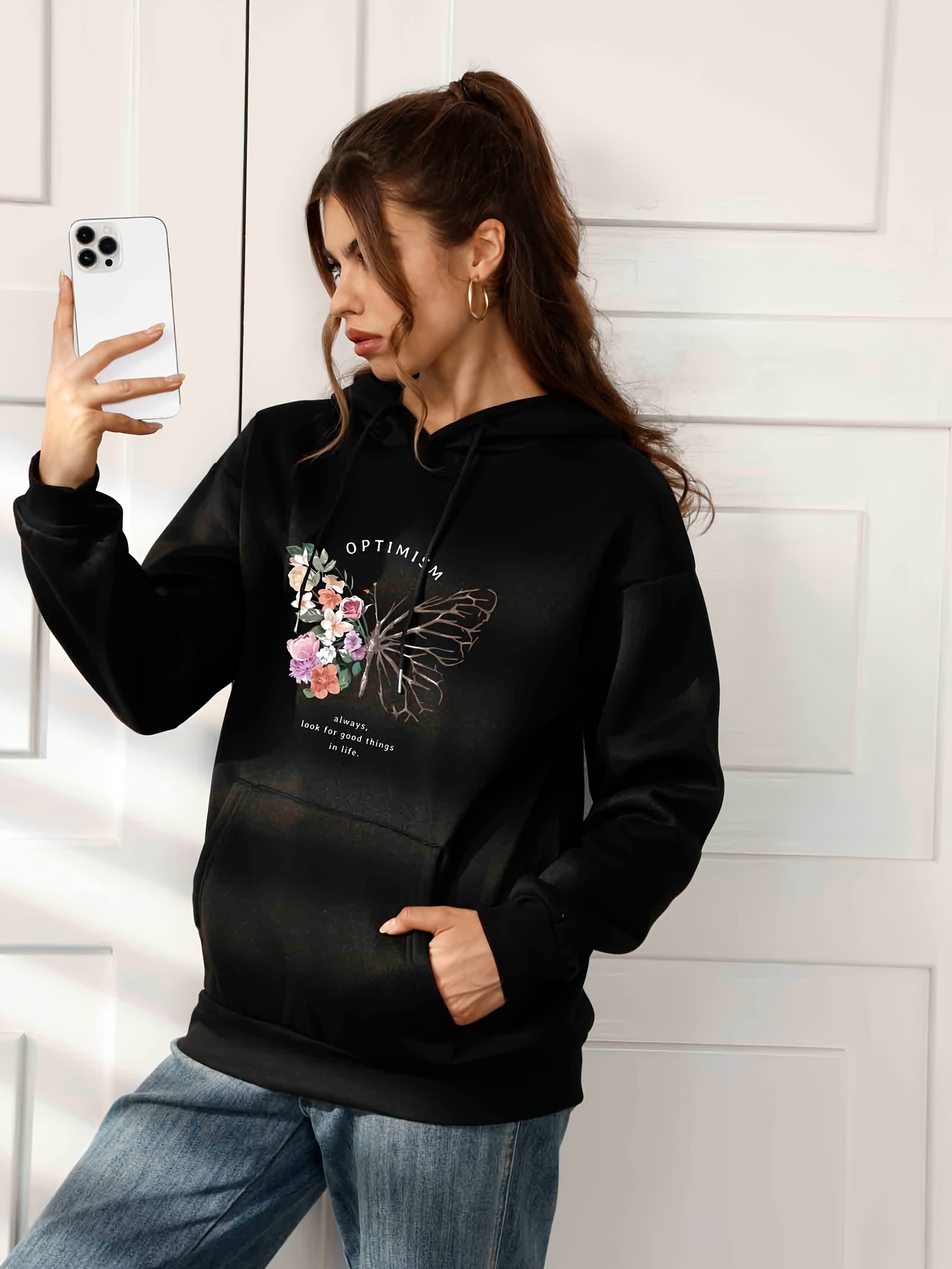 Butterfly & Flower & Letter Print Casual Hooded Sweatshirt, Solid