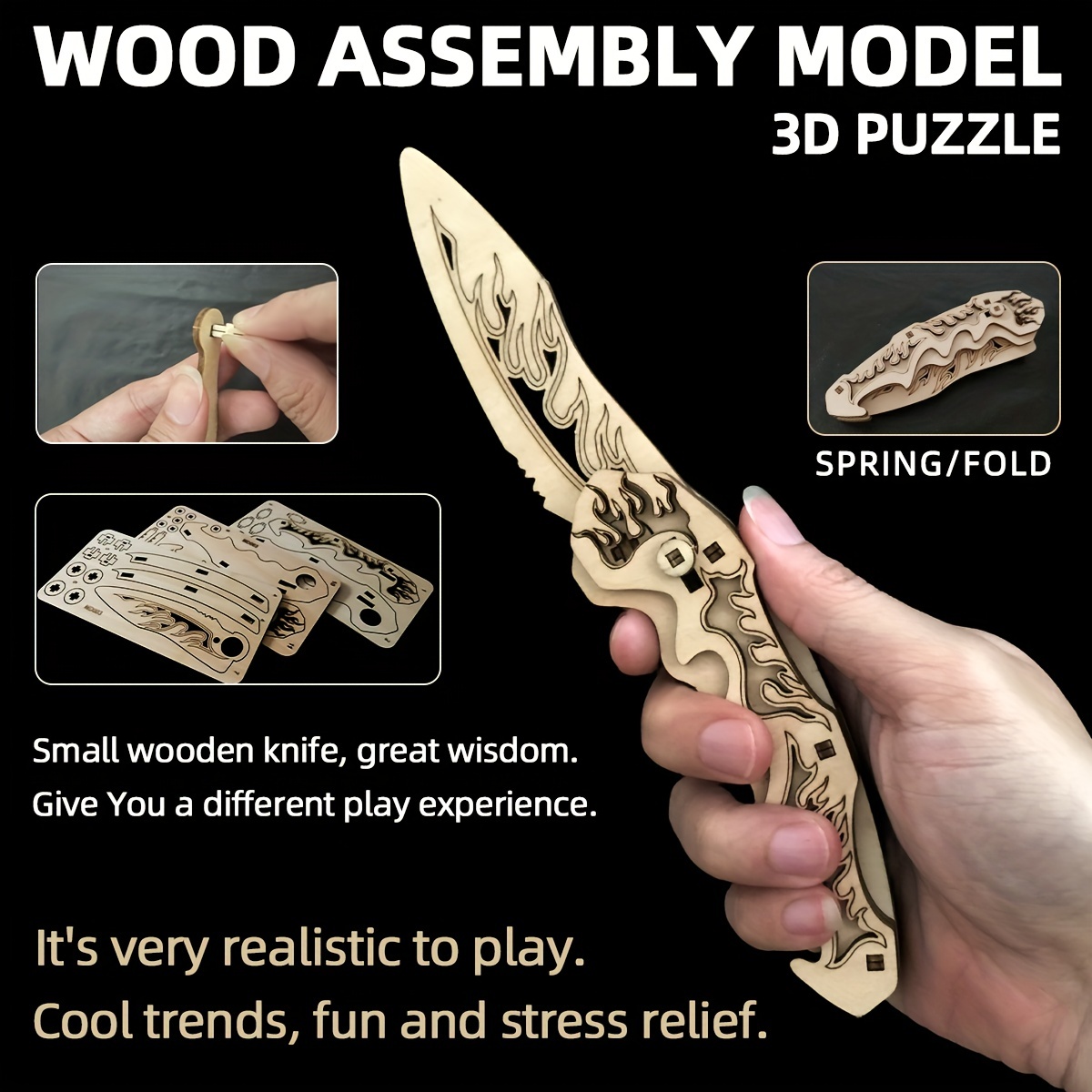 Wooden Diy Folding Spring Knife Toy Non Finished Creative 3d - Temu