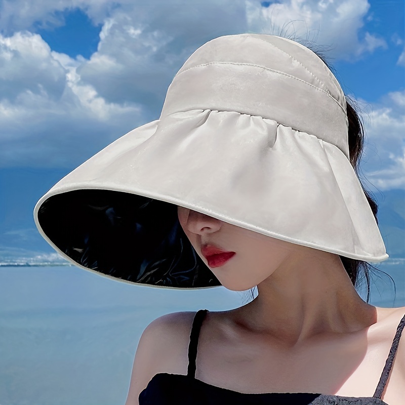 Women's Ponytail Foldable Wide Brim Sun Hat, Fishing Hat, Solid Breathable Empty Top Hat, Women's Hat,Temu