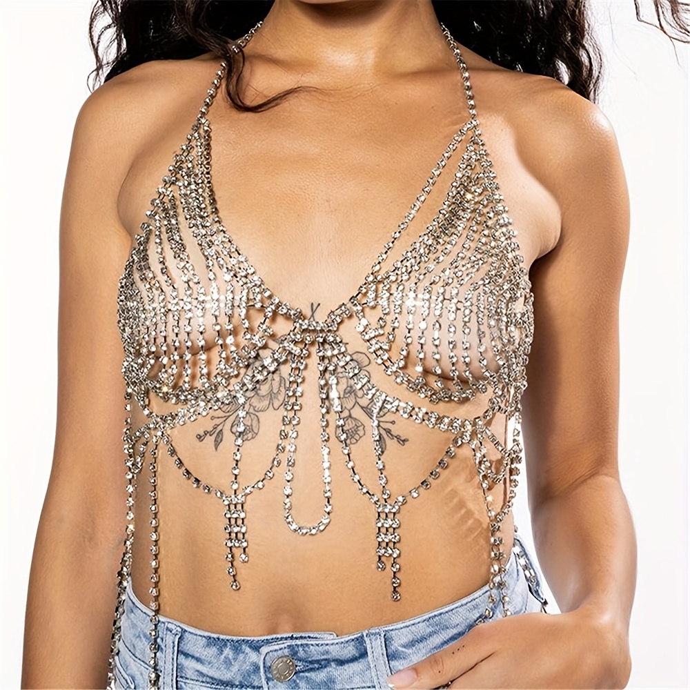 Women Sexy Rhinestone Inlaid Multi Layer Bra Crop Top Body Chest Chain  Jewelry