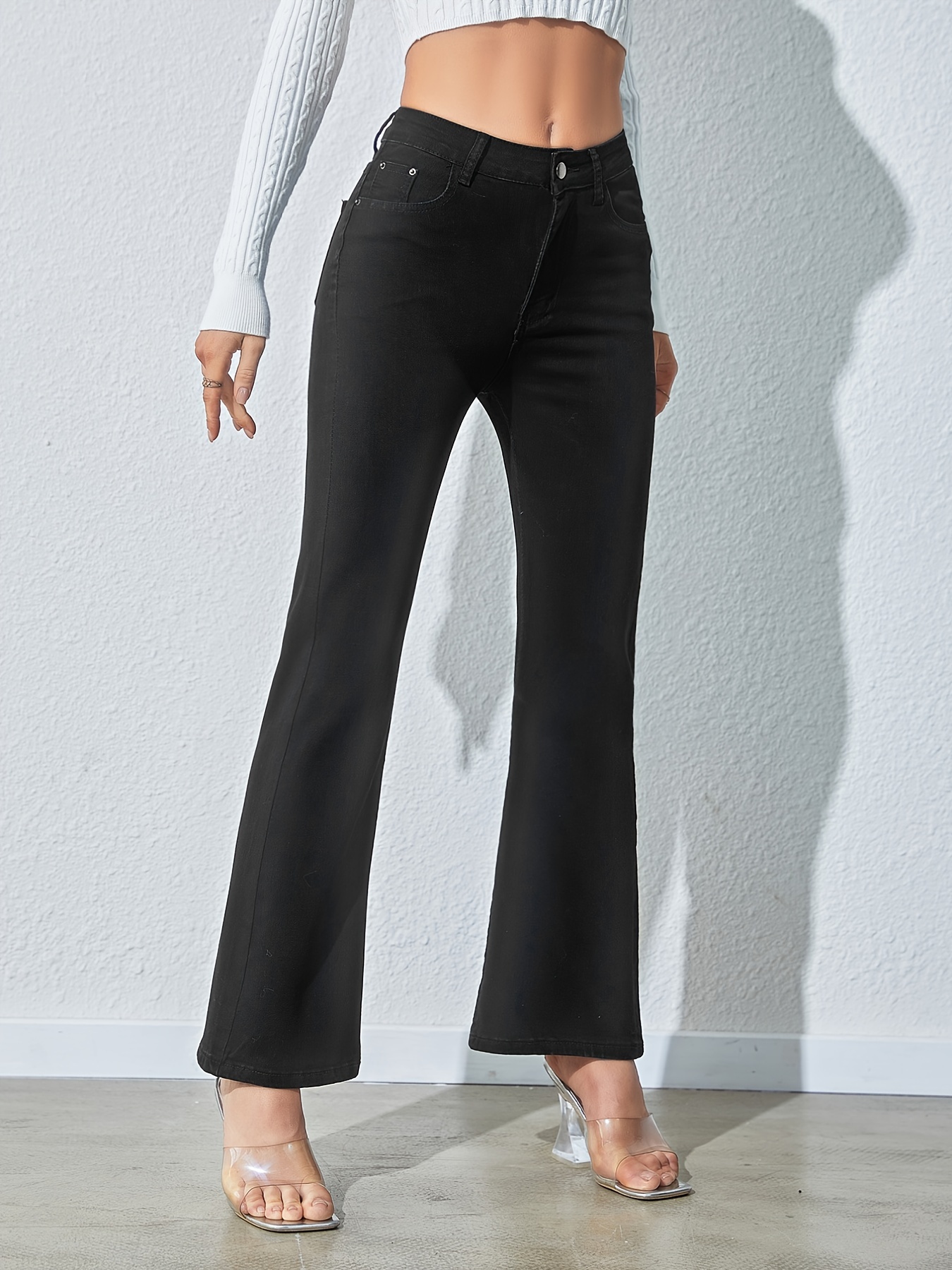 High * High Stretchy Bell Bottom Shape Plain Design Solid Color Black Flare  Jeans, Women's Denim Jeans, Women's Clothing