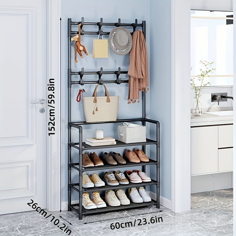 Space-saving Black Metal Shoe Rack With Hooks For Entryway Organization And  Storage - Temu