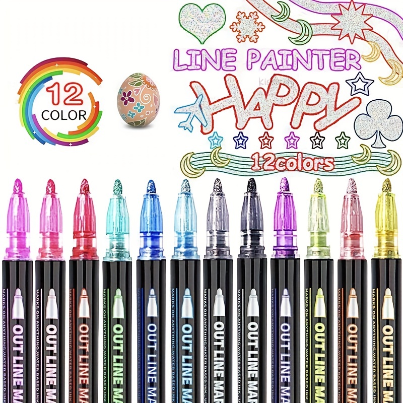 12 Colors Writing Drawing Pens Double Line Outline Pen - Temu