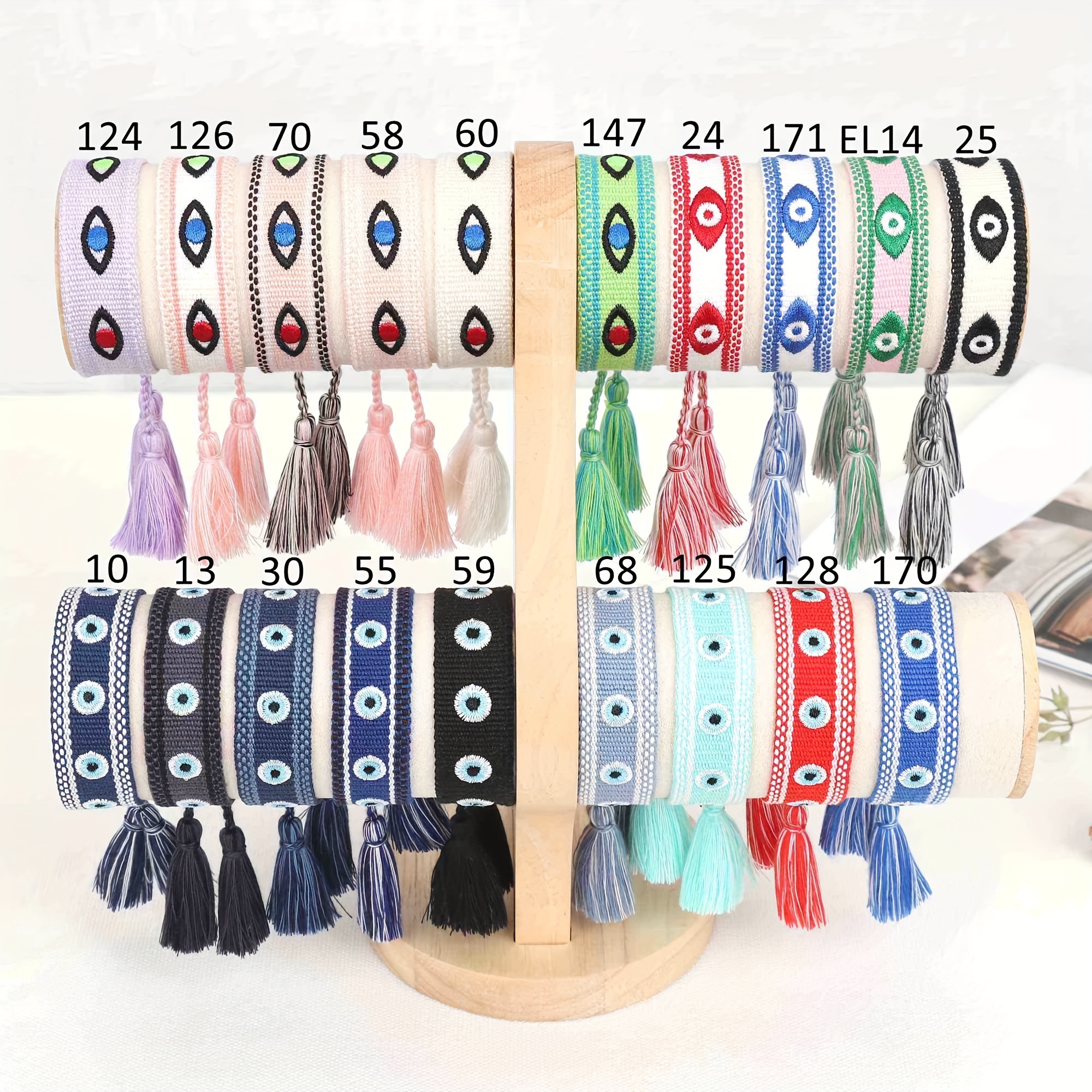 Multicolor Evil's Eyes Embroidered Tassel Bracelet, 10 Colors
