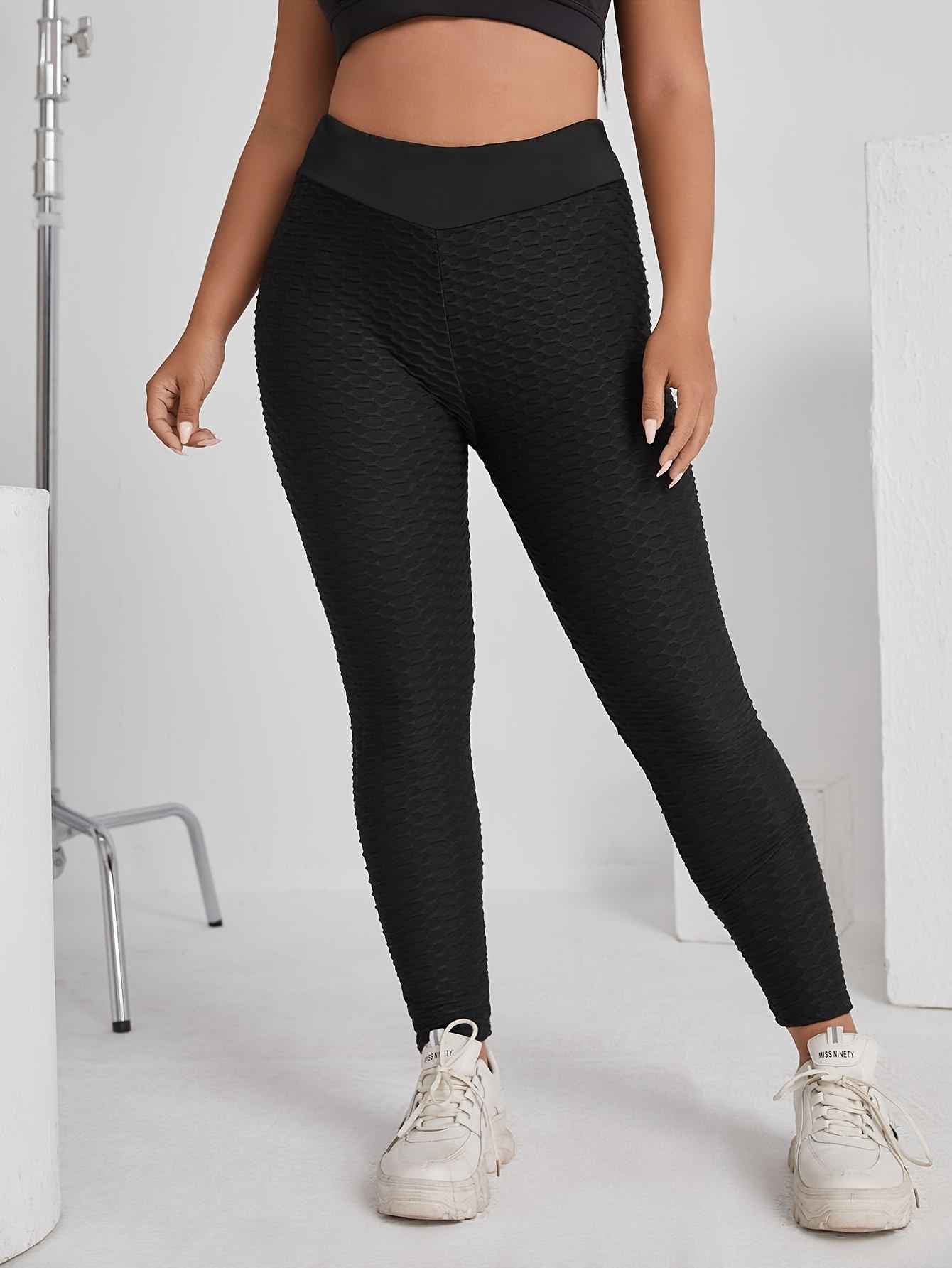 Plus Size Solid Pocket Leggings, Casual High Waist Stretchy Leggings,  Women's Plus Size Clothing