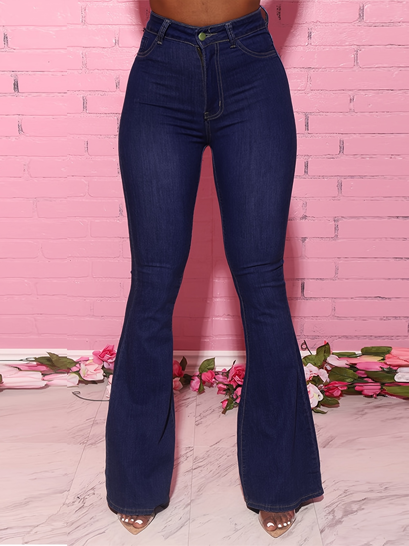 Plus Size Solid High * Flared Leg Jeans, Women's Plus Medium Stretch Bell  Bottom Jeans