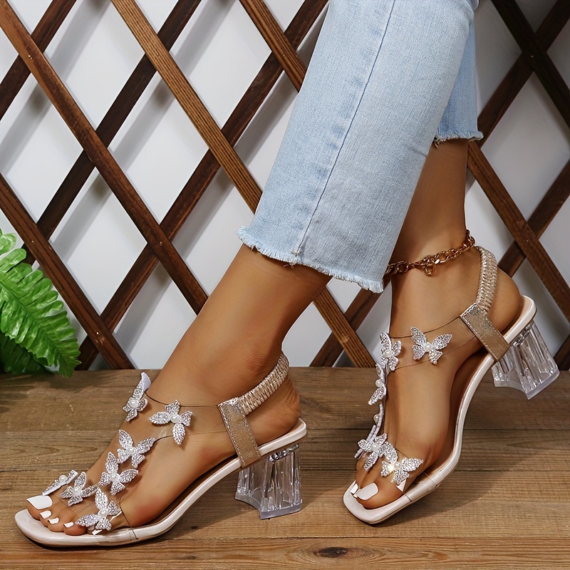 Women Sandal PVC Block High Heel Crystal Clear Transparent Sandals Concise  Buckle Ankle Strap Pump Wedding Shoes