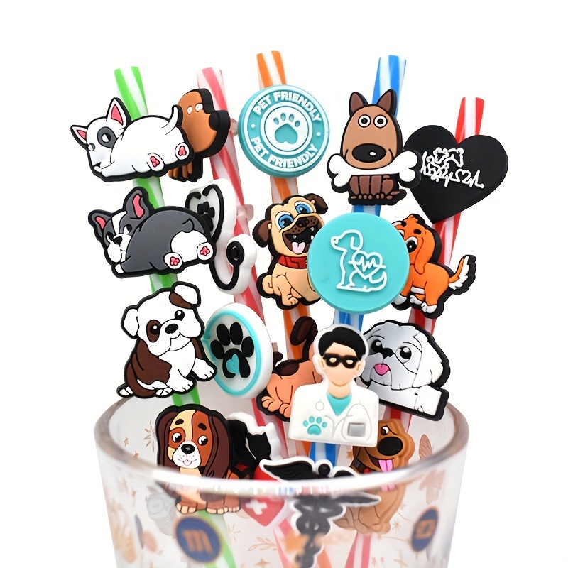 20PCS PVC Straw Charms Cute Dogs Series New Arrival Plastic Straw