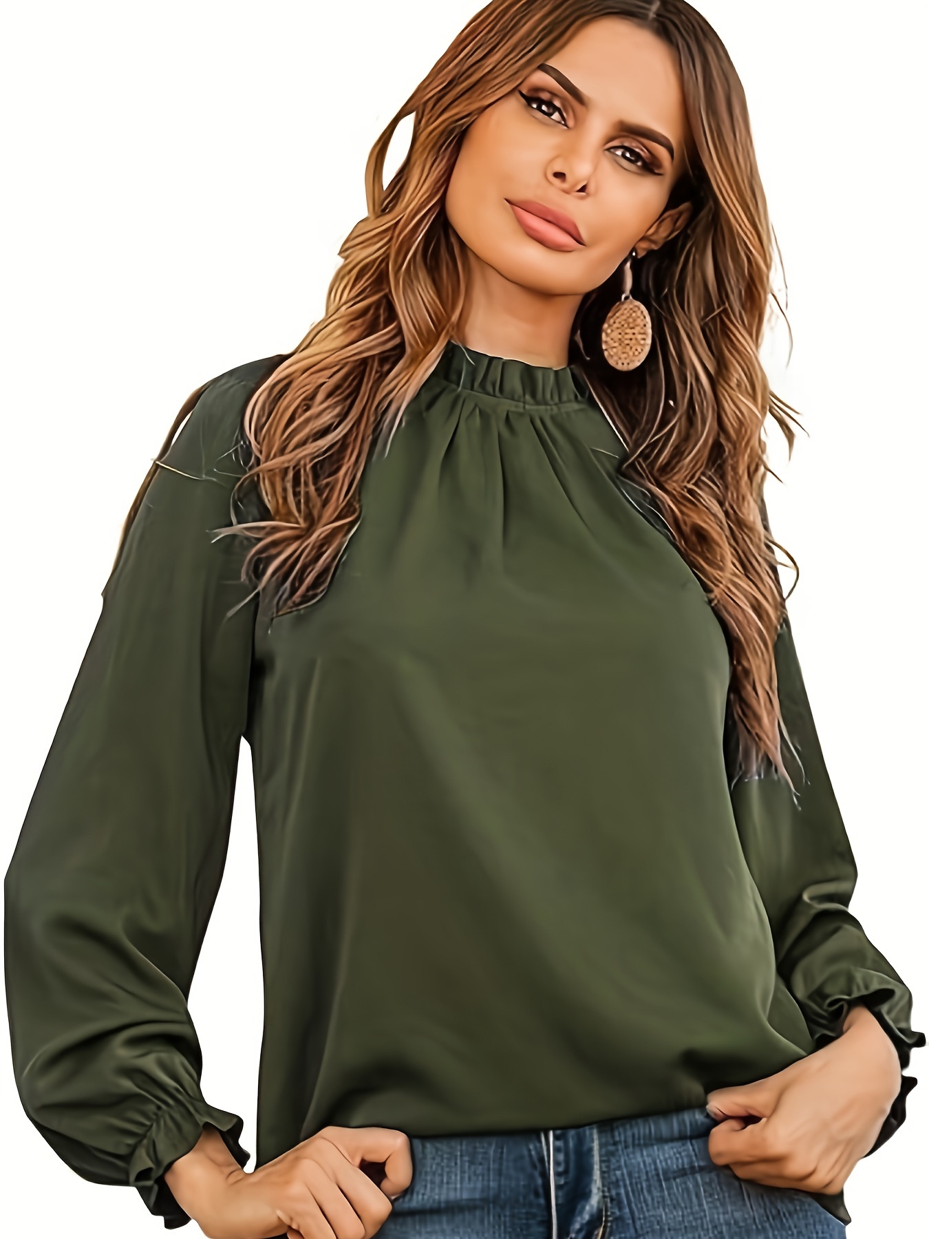 Blusa Sólida Com Acabamento De Babados Blusa Elegante Com - Temu Portugal