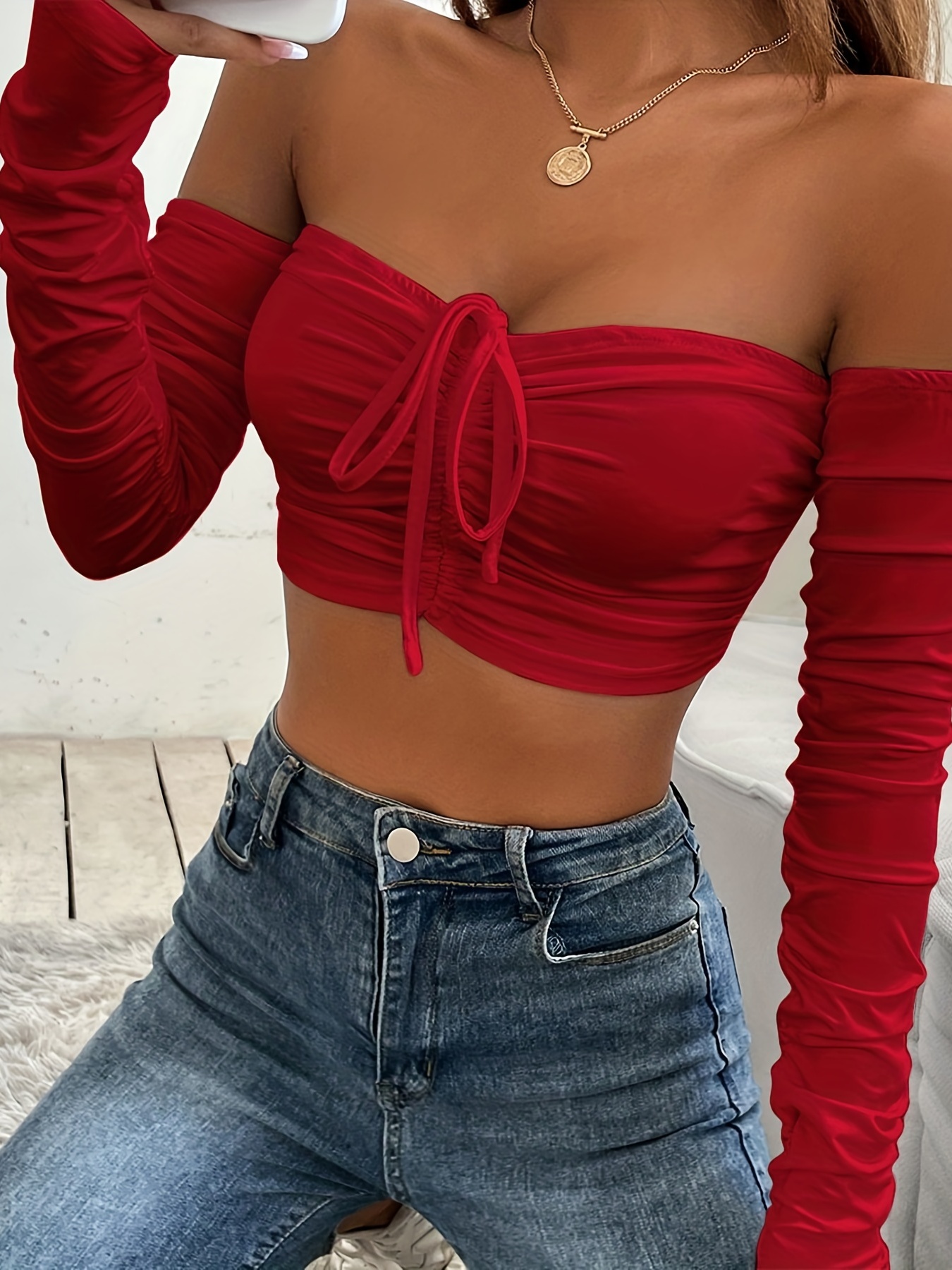 Off Shoulder Ruched T-shirt, Sexy Cropped Drawstring Long Sleeve T-shirt,  Women's Clothing