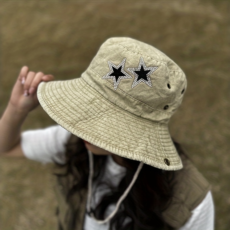 Khaki Cute Star Hat, Men's Cotton Washed String Cowboy Wide Brim Bucket Hat for Women,Temu