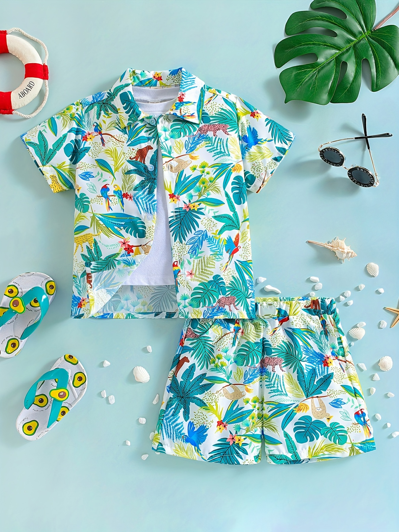2pcs Baby Boy All Over Plants Print Short-sleeve Polo Shirts and Solid Shorts Sets