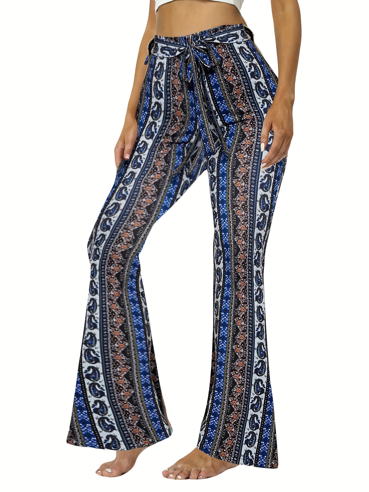 ylioge Womens Paisley Full Length Trousers Stretchy Flare Leg Summer Skinny  Fit High Waist Pants Elastic Waist Party Casual Trousers Pantalones