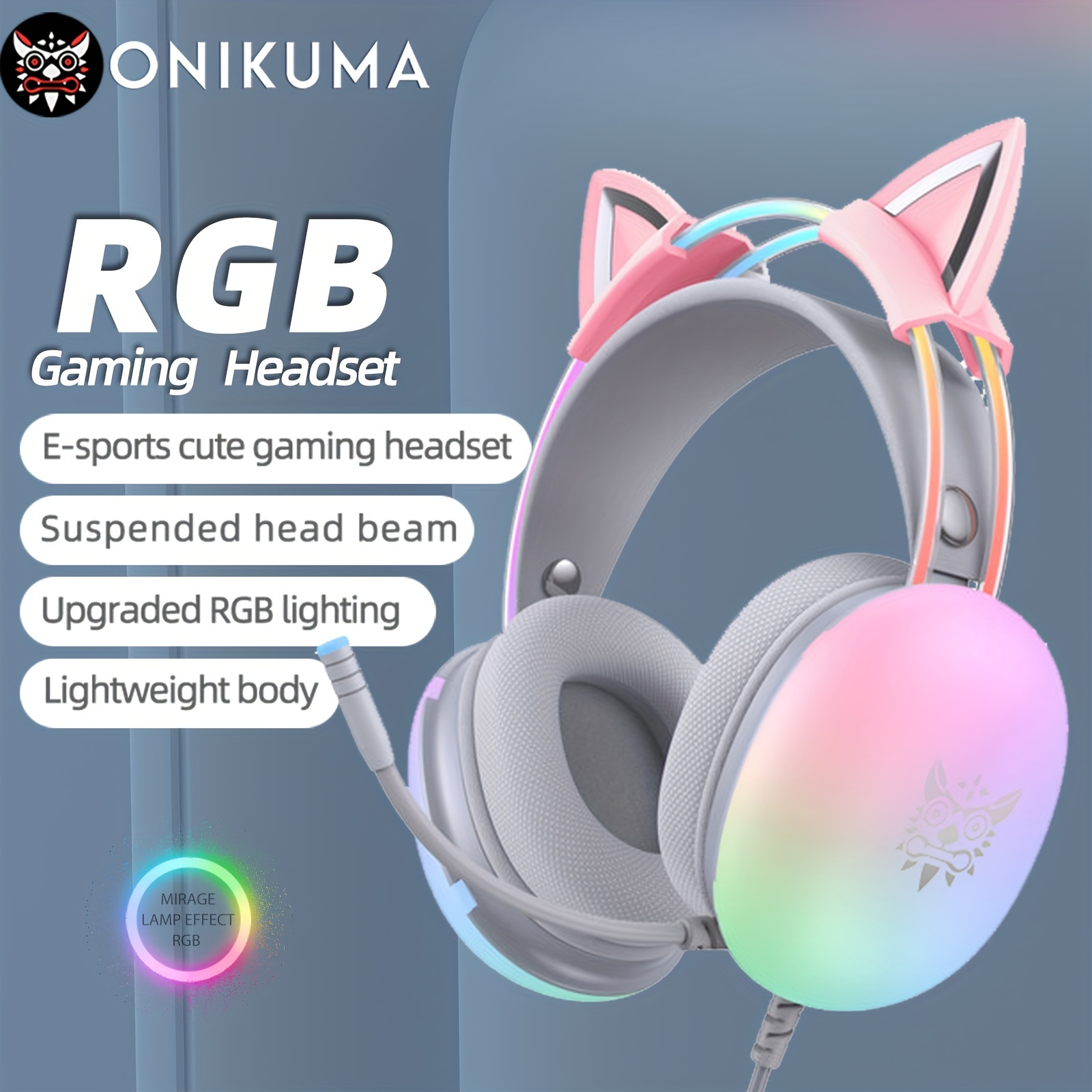 Auriculares con orejas de gato para Gamers, cascos con micrófono, HD,  reducción de ruido, haz de luz sobre la oreja para PC, ordenador y portátil